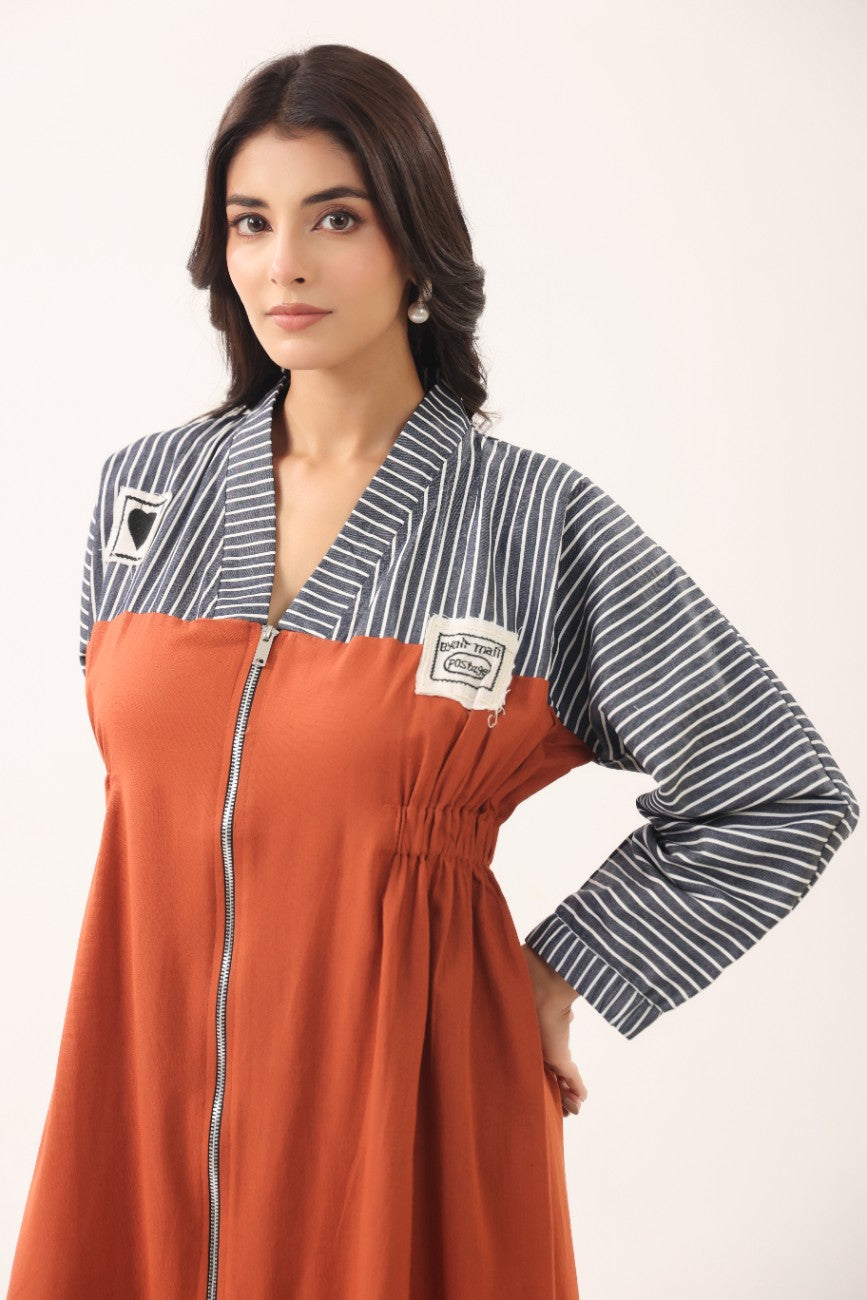 Women Rust Orange & Striped Panelled Midi Dress with Full Sleeves