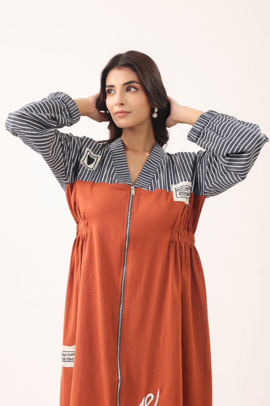 Women Rust Orange & Striped Panelled Midi Dress with Full Sleeves