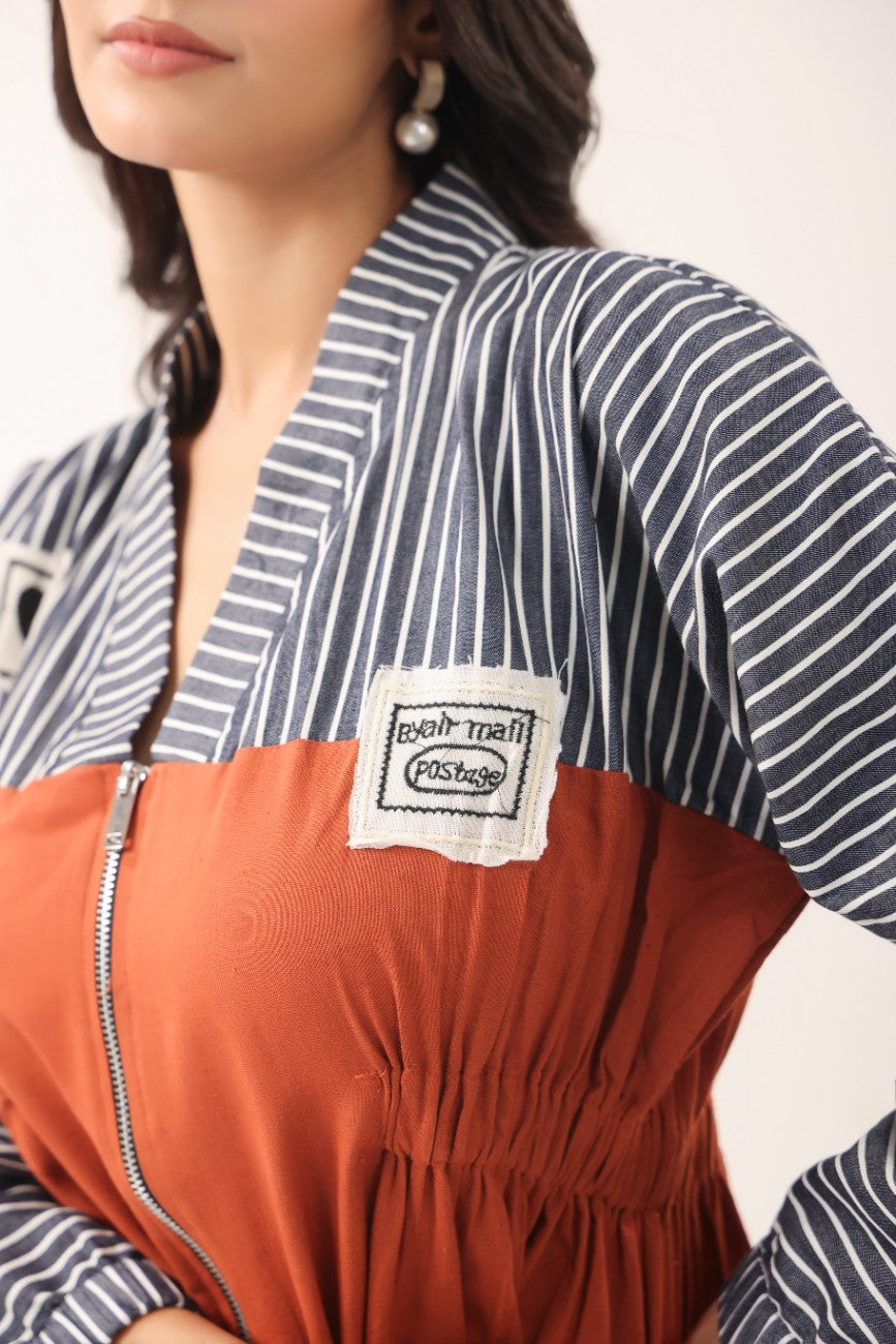 Women Rust Orange & Striped Panelled Midi Dress with Full Sleeves