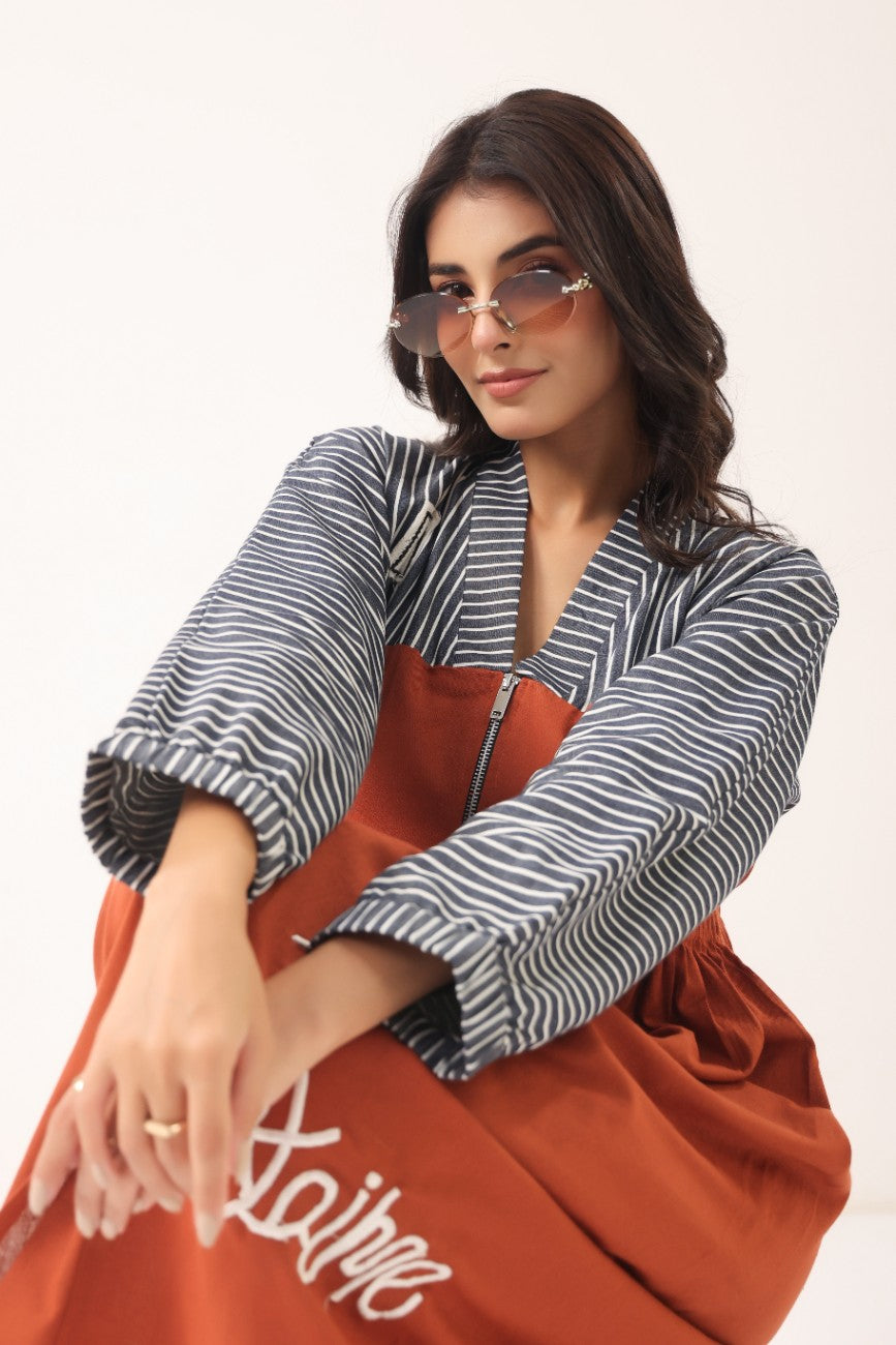 Women Rust Orange & Striped Panelled Midi Dress with Full Sleeves