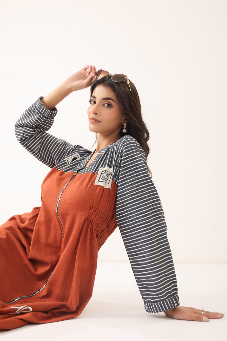 Women Rust Orange & Striped Panelled Midi Dress with Full Sleeves