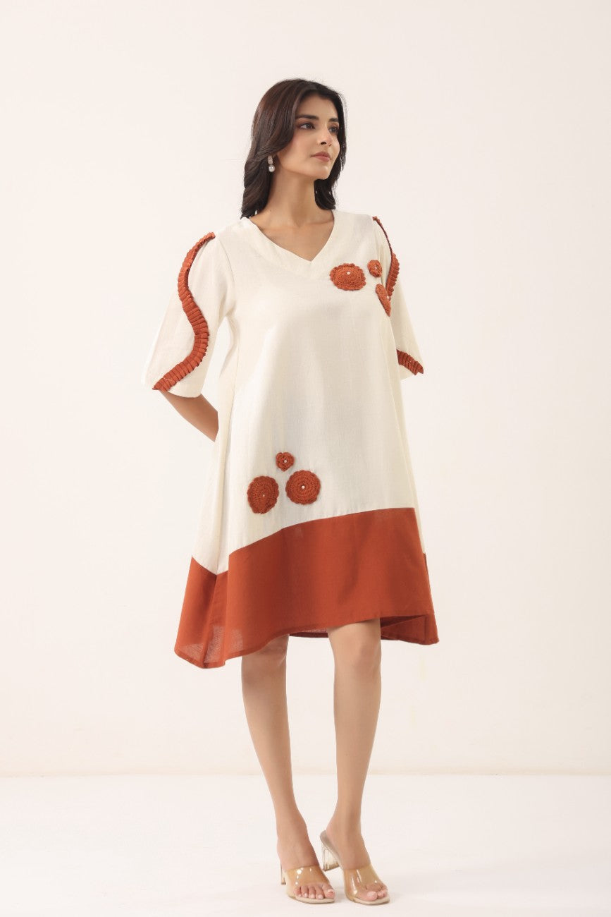 Women Off White & Rust Floral Embellished A-Line Tunic Dress with Flared Sleeves