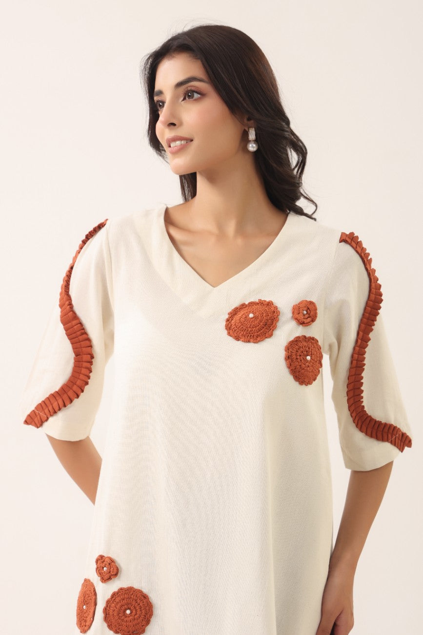 Women Off White & Rust Floral Embellished A-Line Tunic Dress with Flared Sleeves