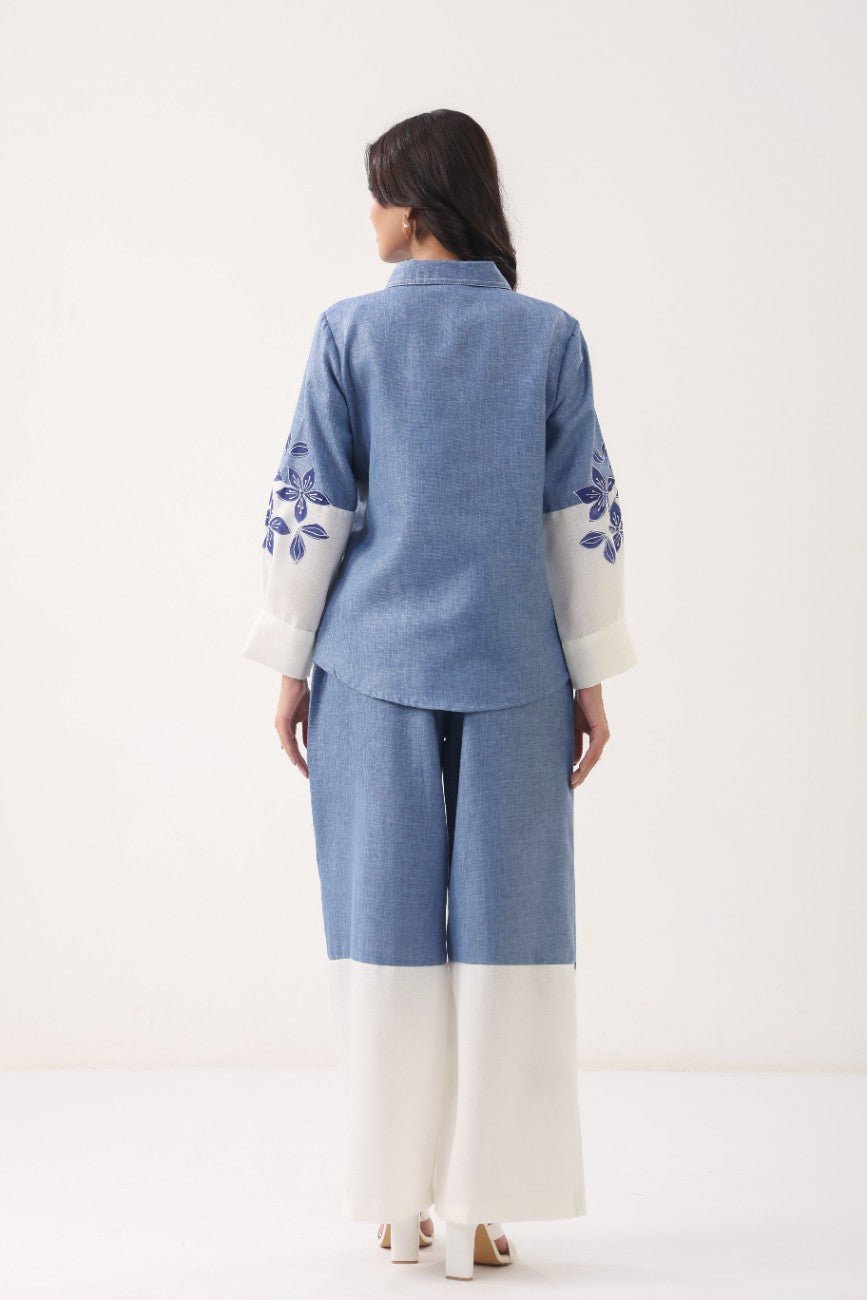 Women Blue Floral Printed Shirt Palazzo Co-Ord Set