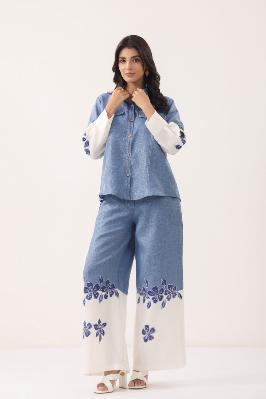 Women Blue Floral Printed Shirt Palazzo Co-Ord Set