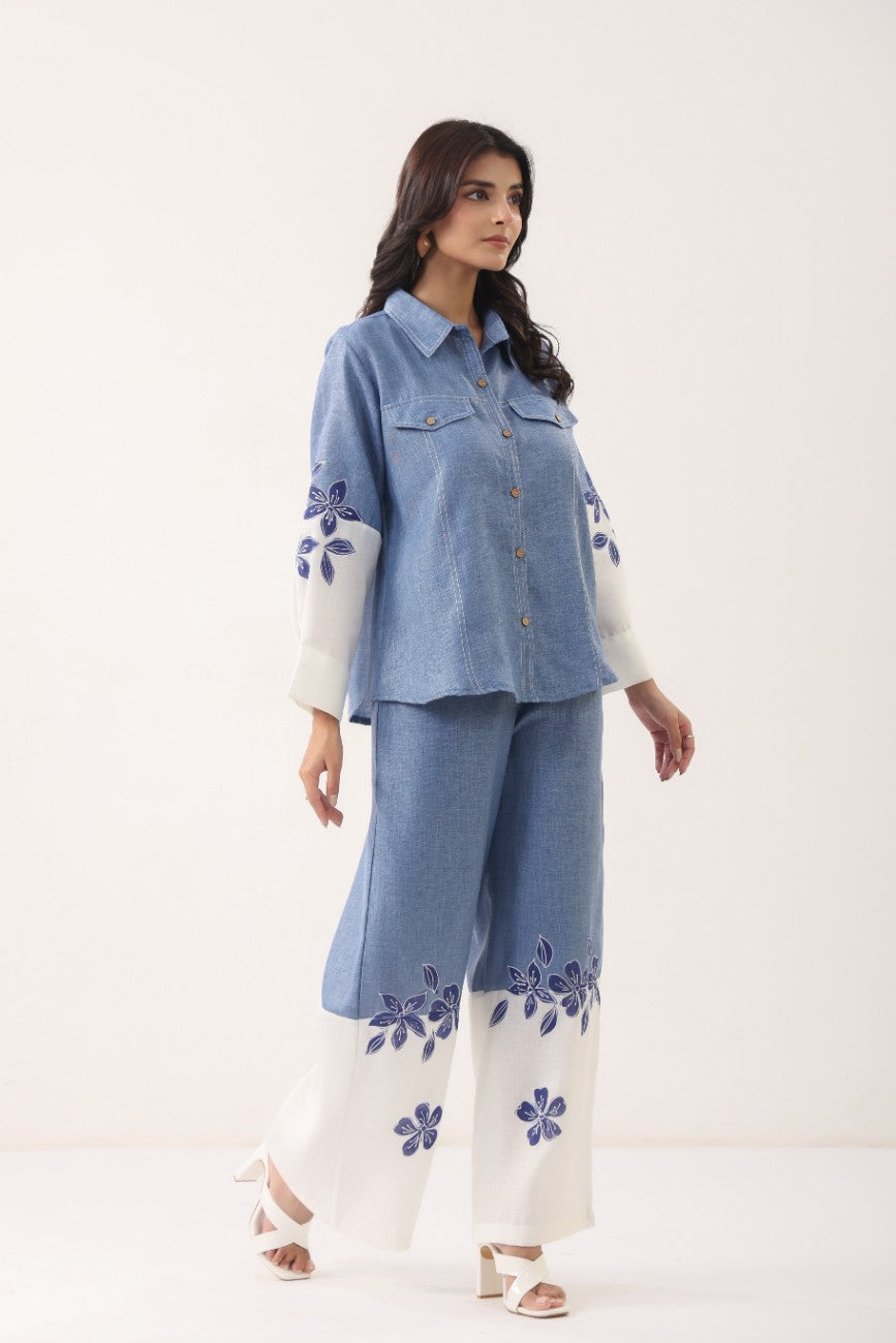 Women Blue Floral Printed Shirt Palazzo Co-Ord Set