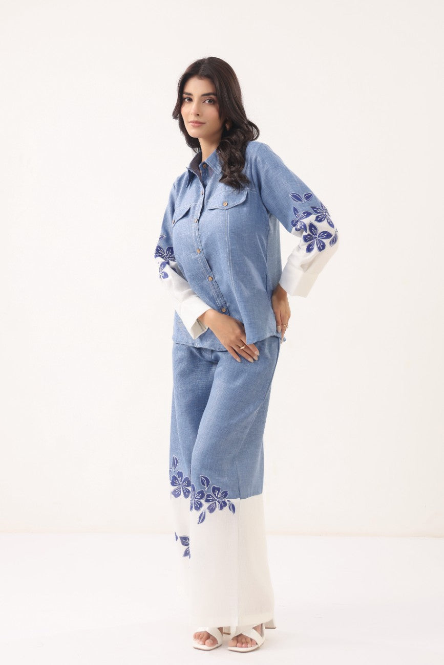 Women Blue Floral Printed Shirt Palazzo Co-Ord Set