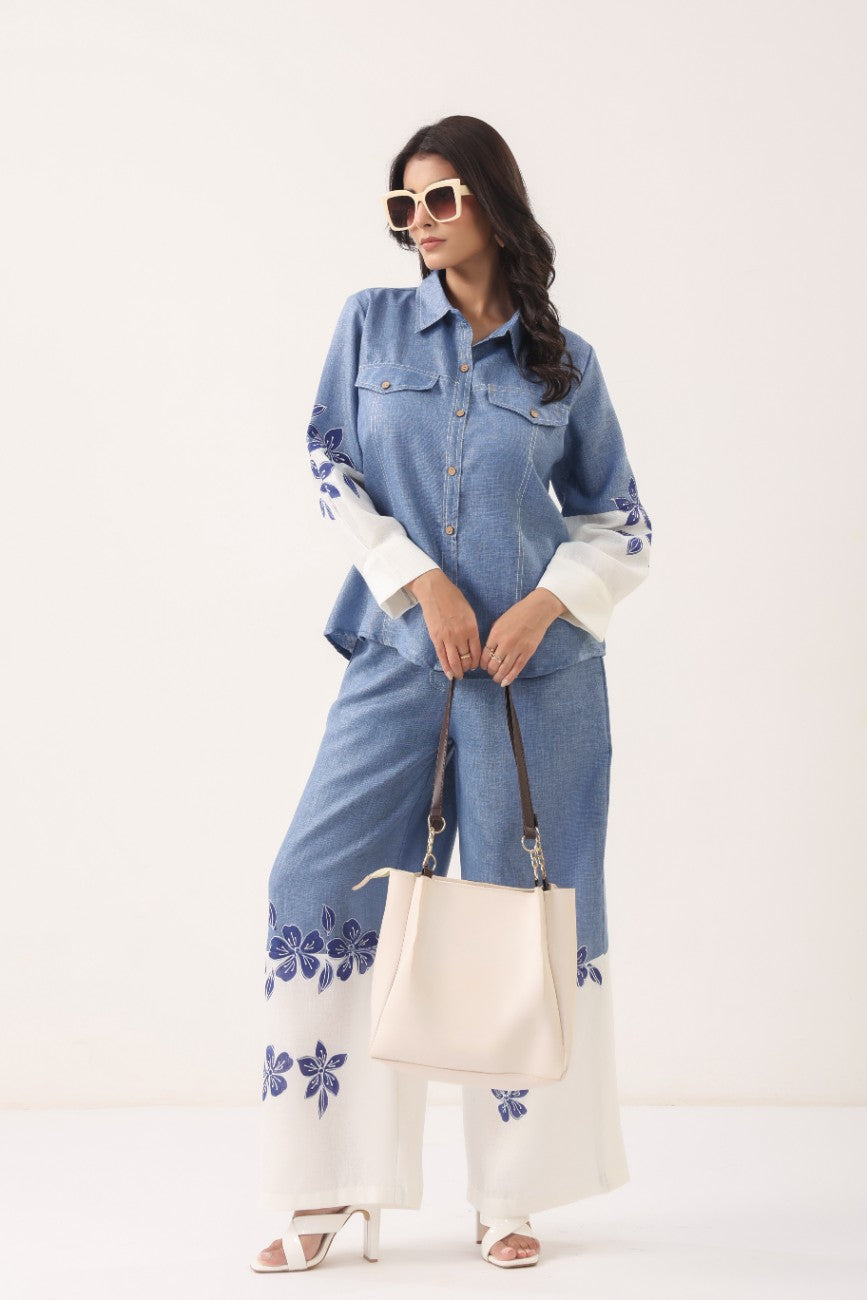 Women Blue Floral Printed Shirt Palazzo Co-Ord Set