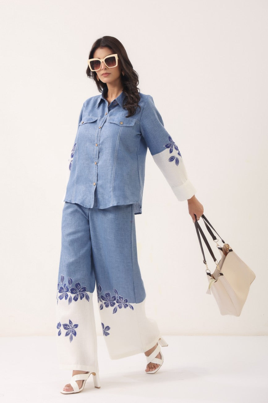 Women Blue Floral Printed Shirt Palazzo Co-Ord Set