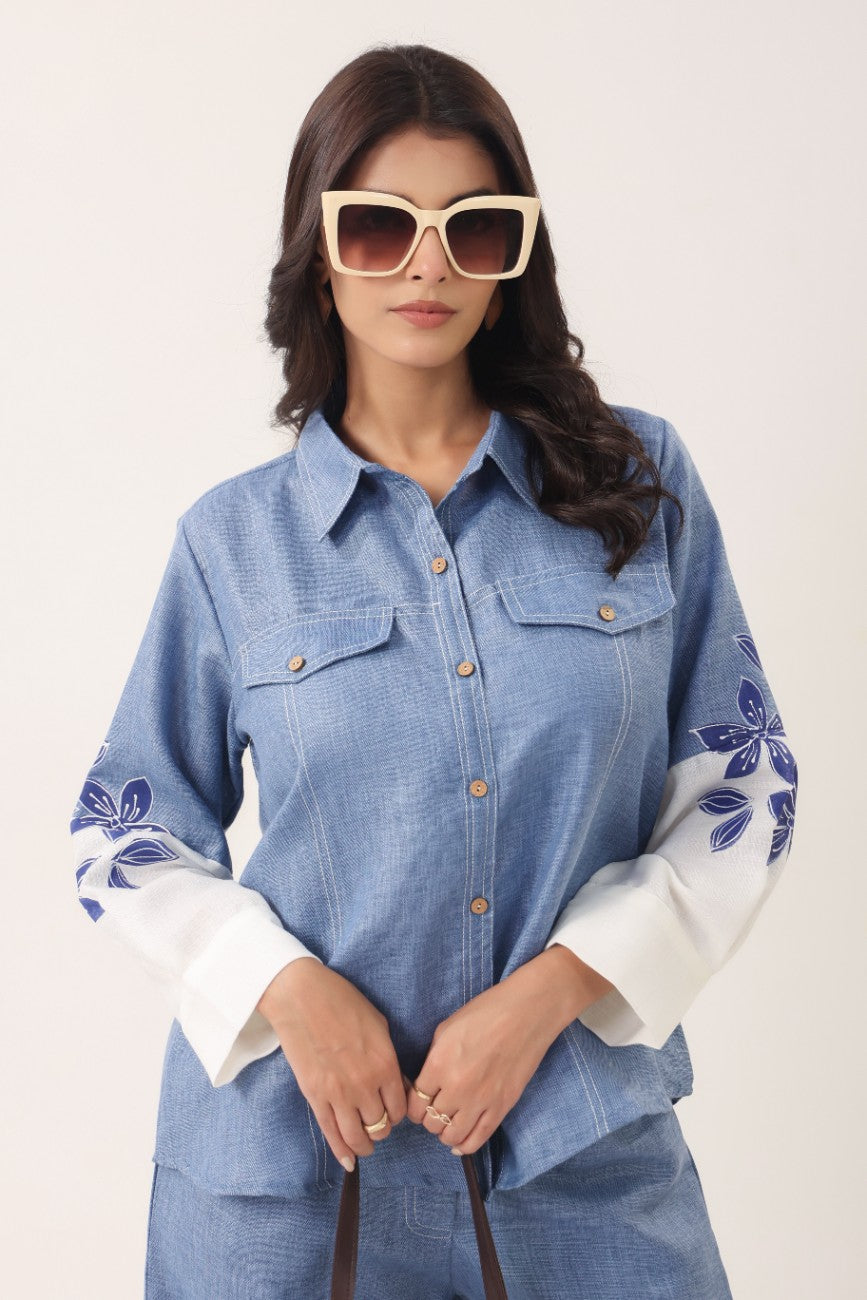 Women Blue Floral Printed Shirt Palazzo Co-Ord Set