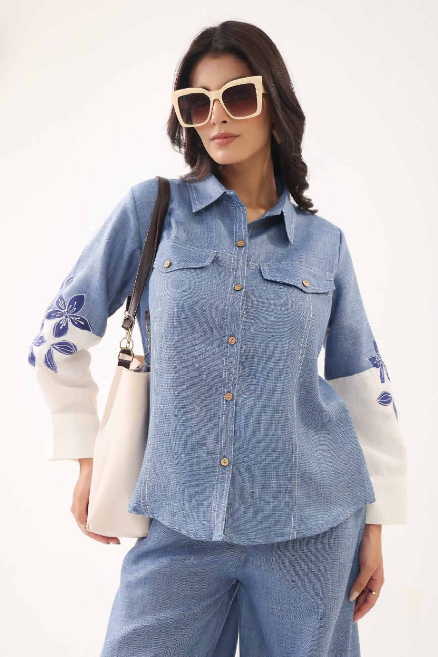 Women Blue Floral Printed Shirt Palazzo Co-Ord Set