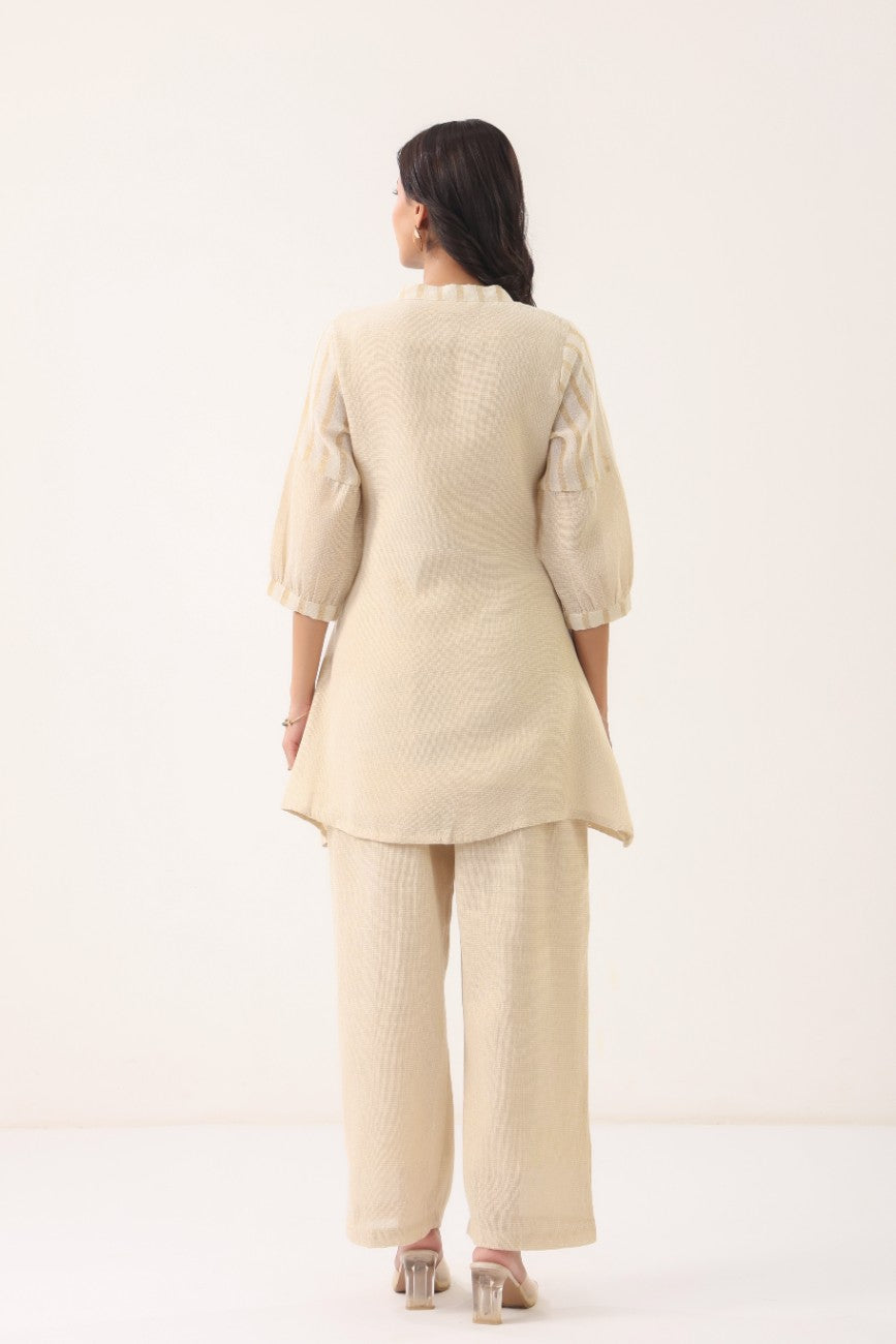 Women Cream Striped Floral Embroidered Co-Ord Set