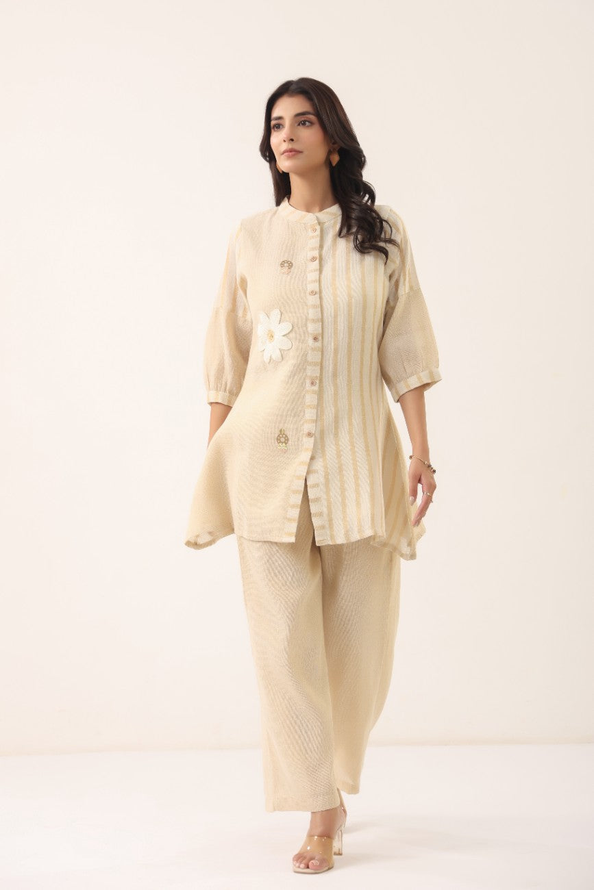 Women Cream Striped Floral Embroidered Co-Ord Set