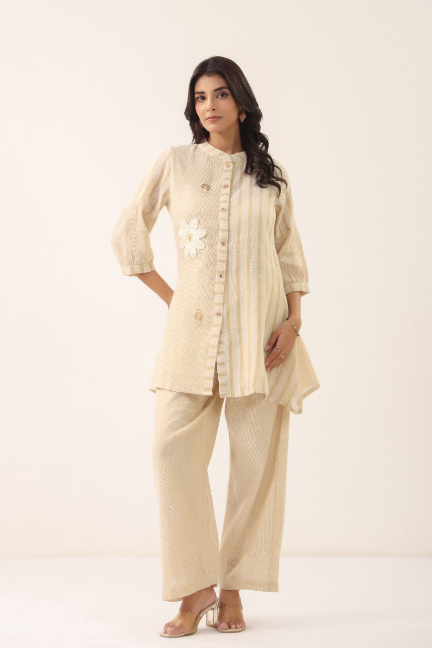 Women Cream Striped Floral Embroidered Co-Ord Set