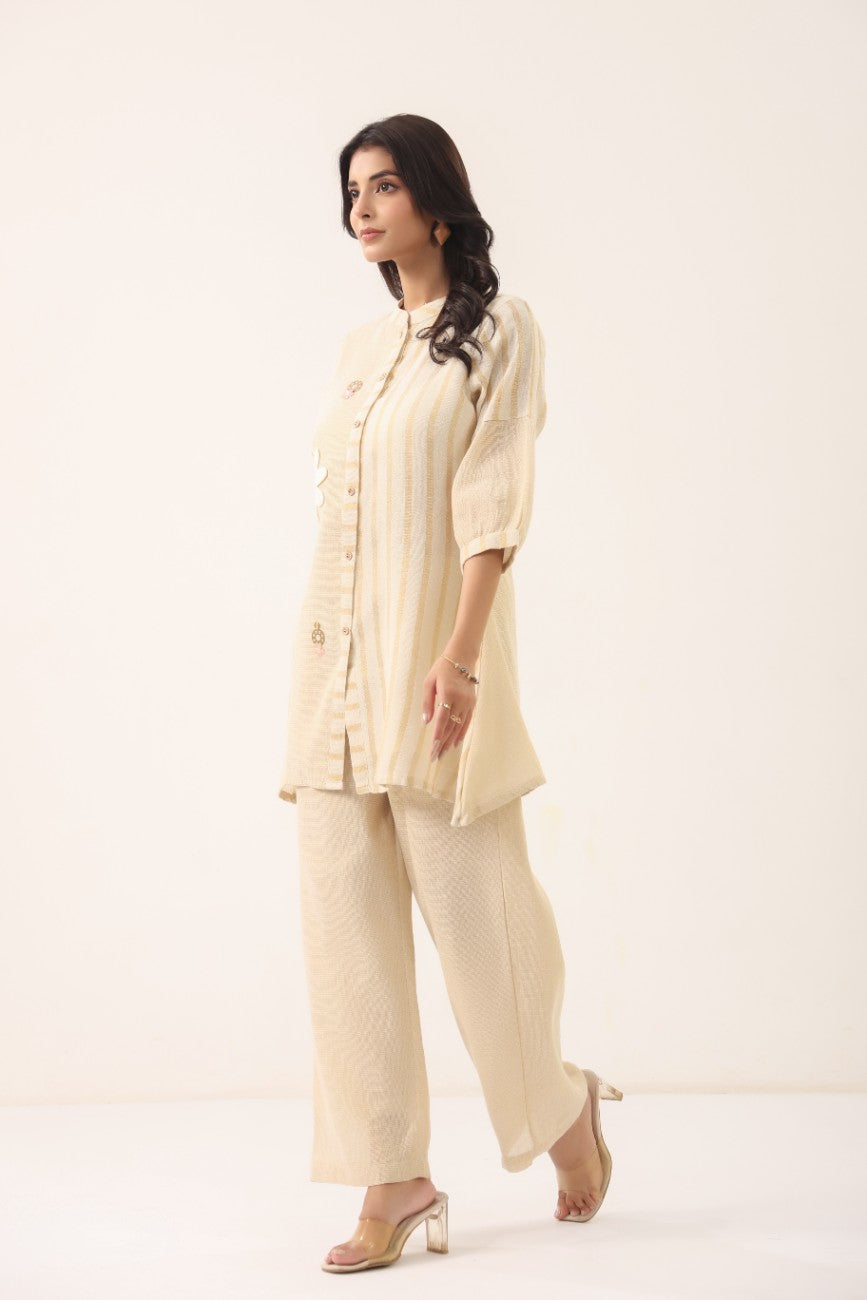 Women Cream Striped Floral Embroidered Co-Ord Set