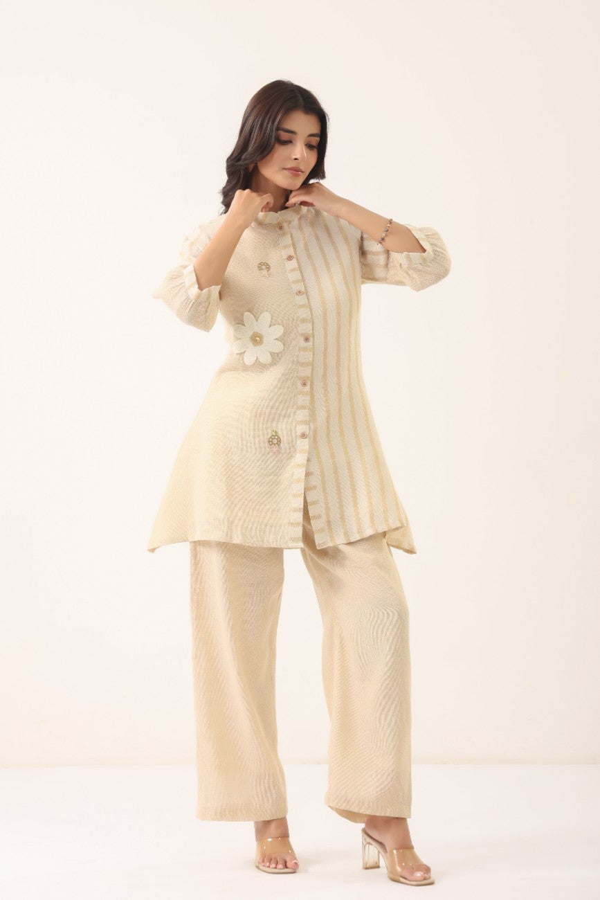 Women Cream Striped Floral Embroidered Co-Ord Set