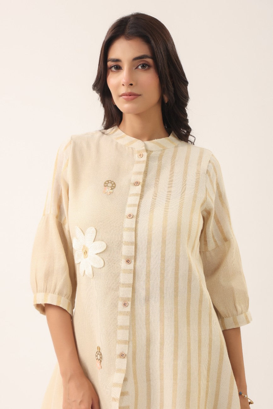 Women Cream Striped Floral Embroidered Co-Ord Set