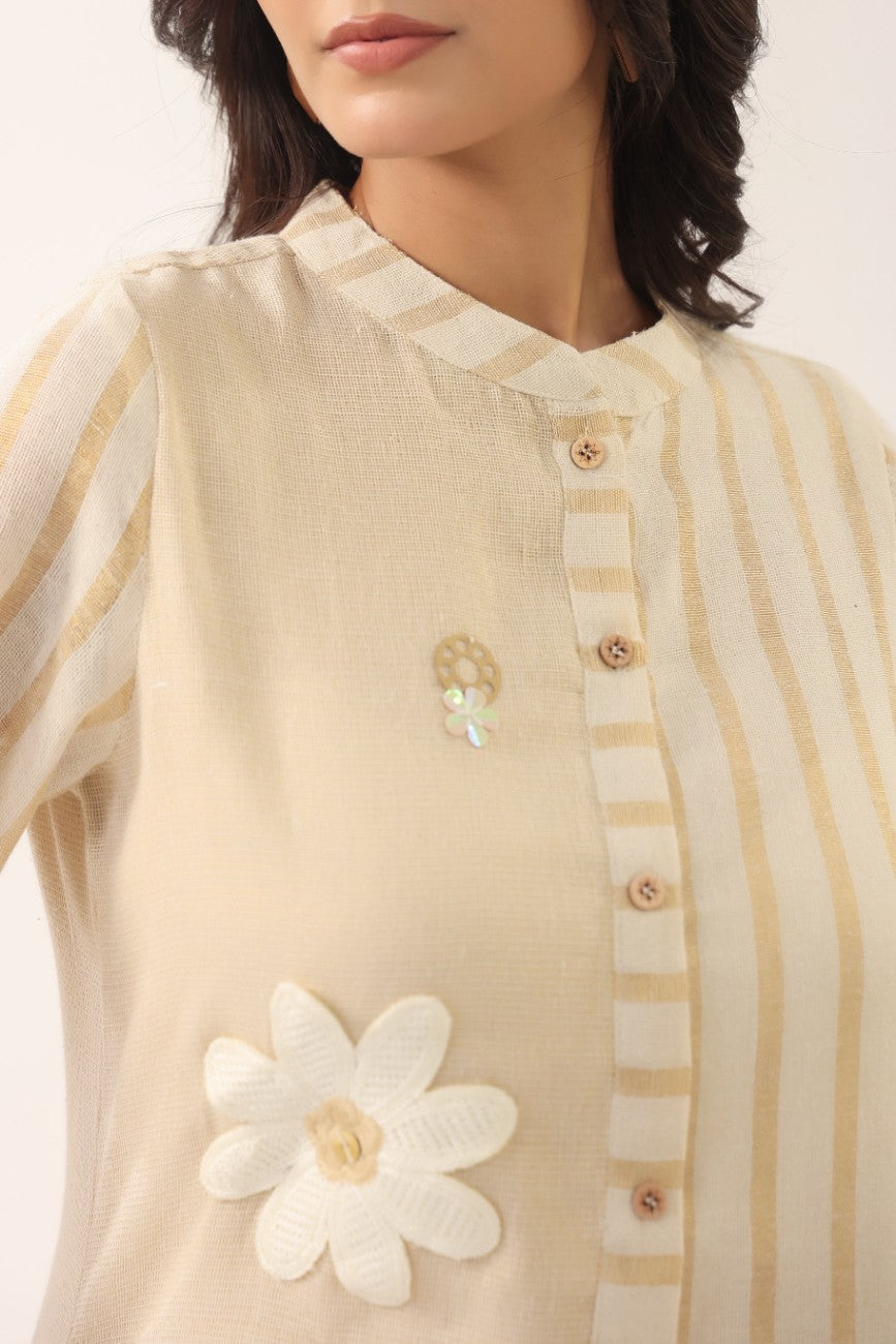 Women Cream Striped Floral Embroidered Co-Ord Set