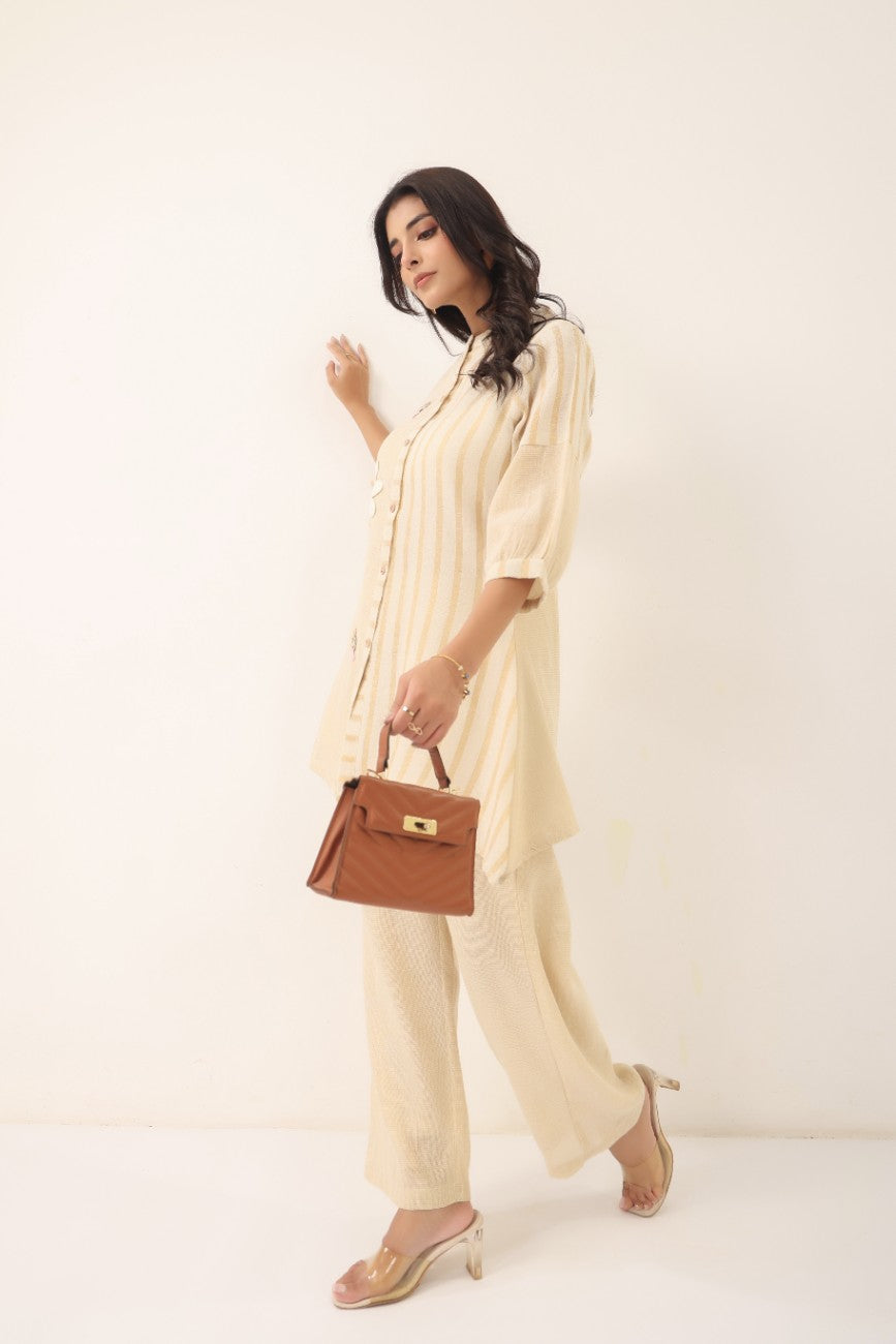 Women Cream Striped Floral Embroidered Co-Ord Set
