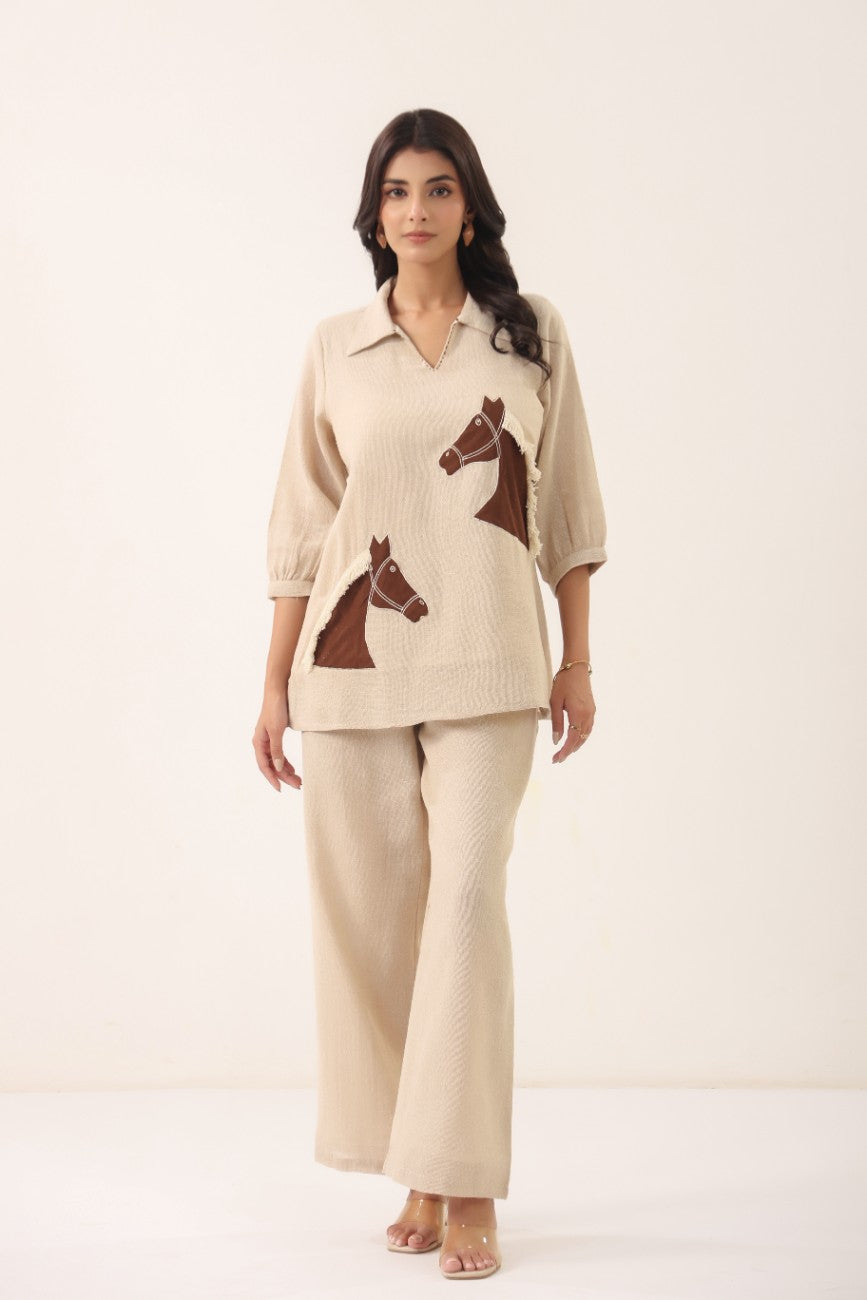 Women Beige Horse Print Comfort Fit Co-ord Set