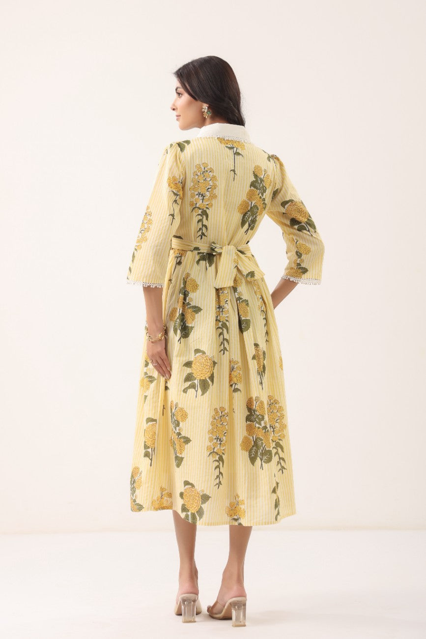 Women Yellow Floral Printed A-Line Midi Dress