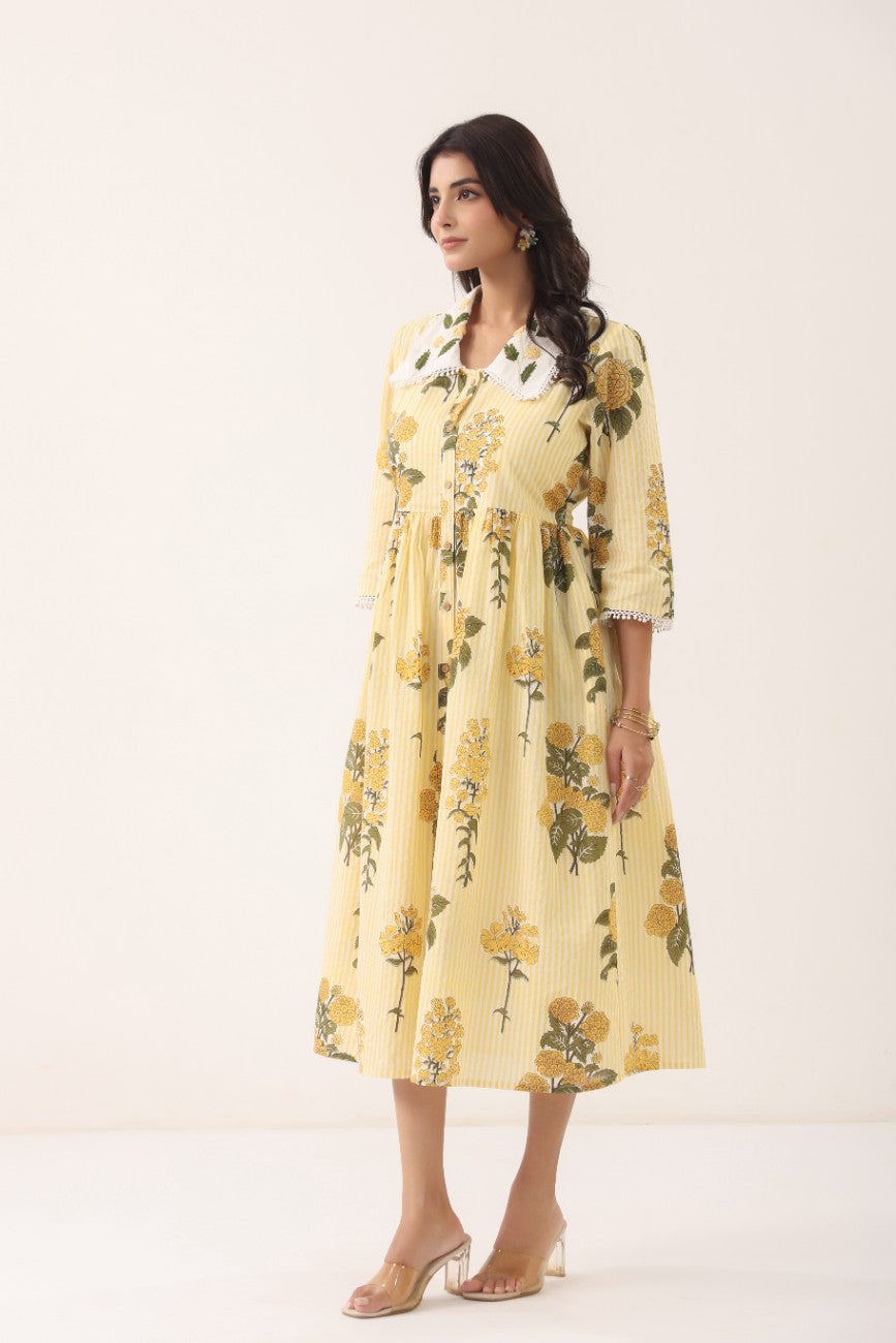 Women Yellow Floral Printed A-Line Midi Dress