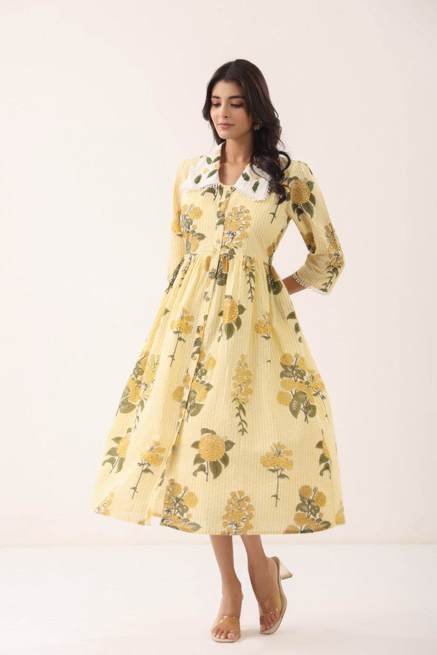 Women Yellow Floral Printed A-Line Midi Dress