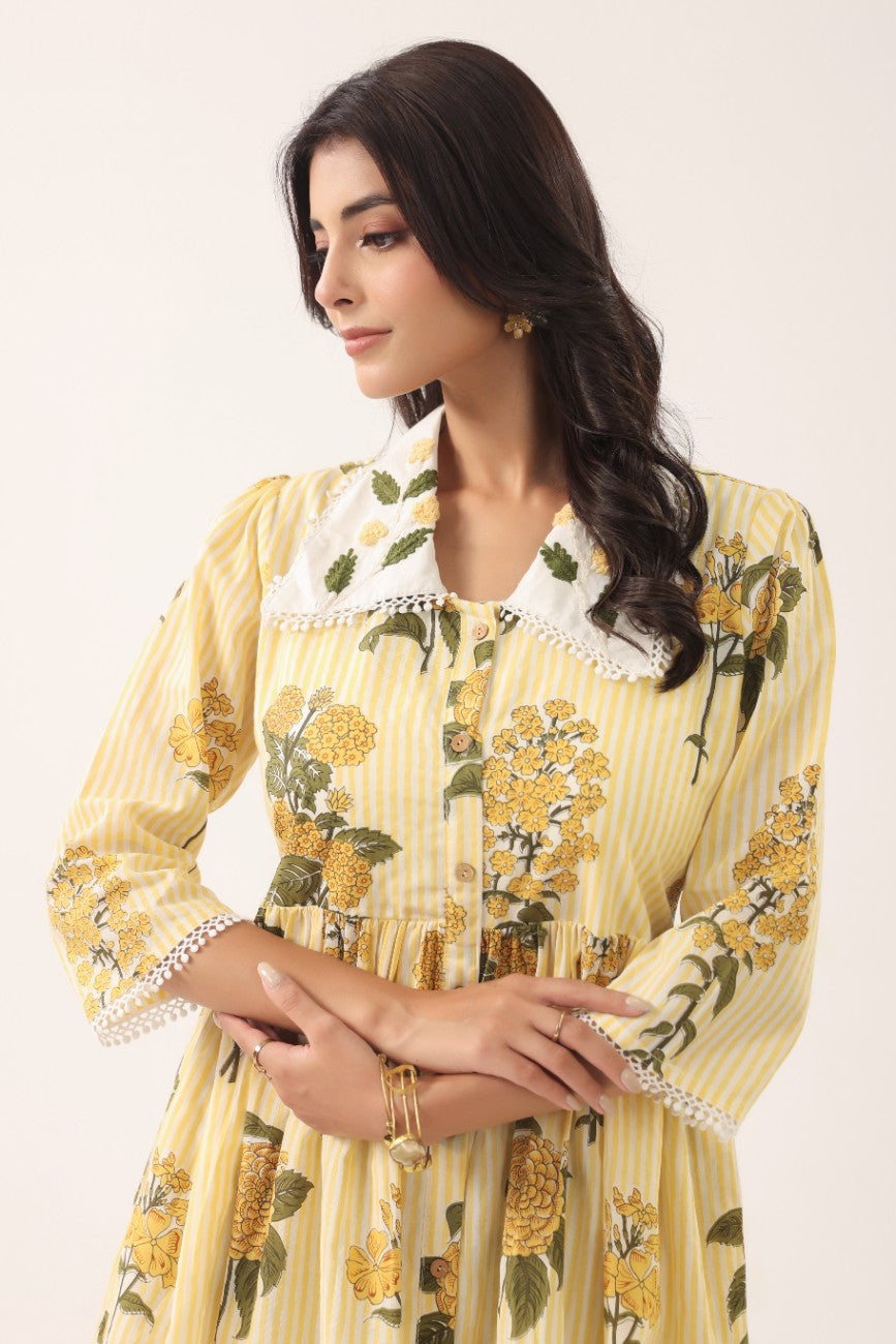 Women Yellow Floral Printed A-Line Midi Dress