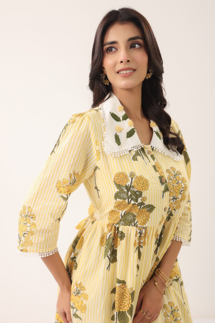Women Yellow Floral Printed A-Line Midi Dress