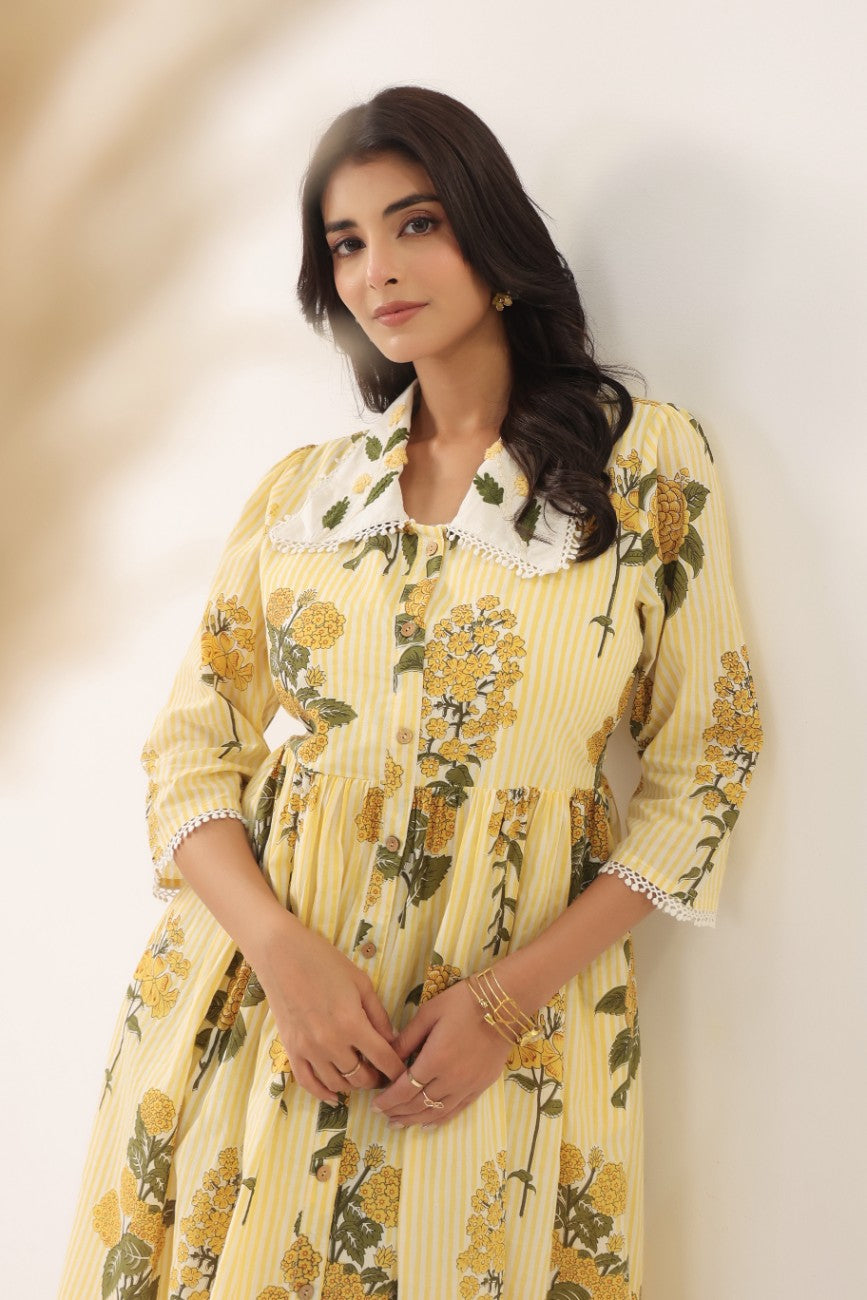 Women Yellow Floral Printed A-Line Midi Dress