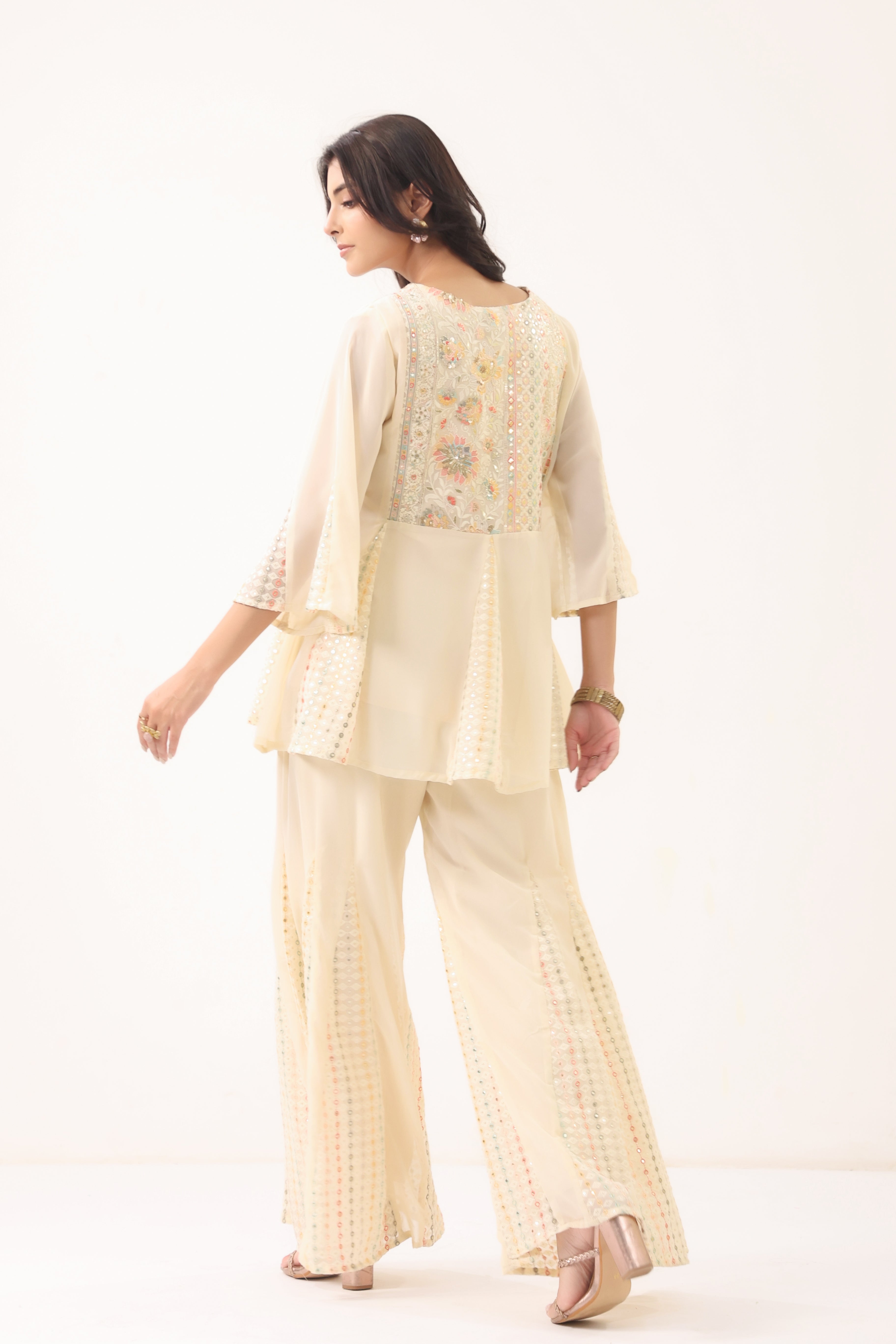 Women Cream Floral Printed Flared Kurta Palazzo Set