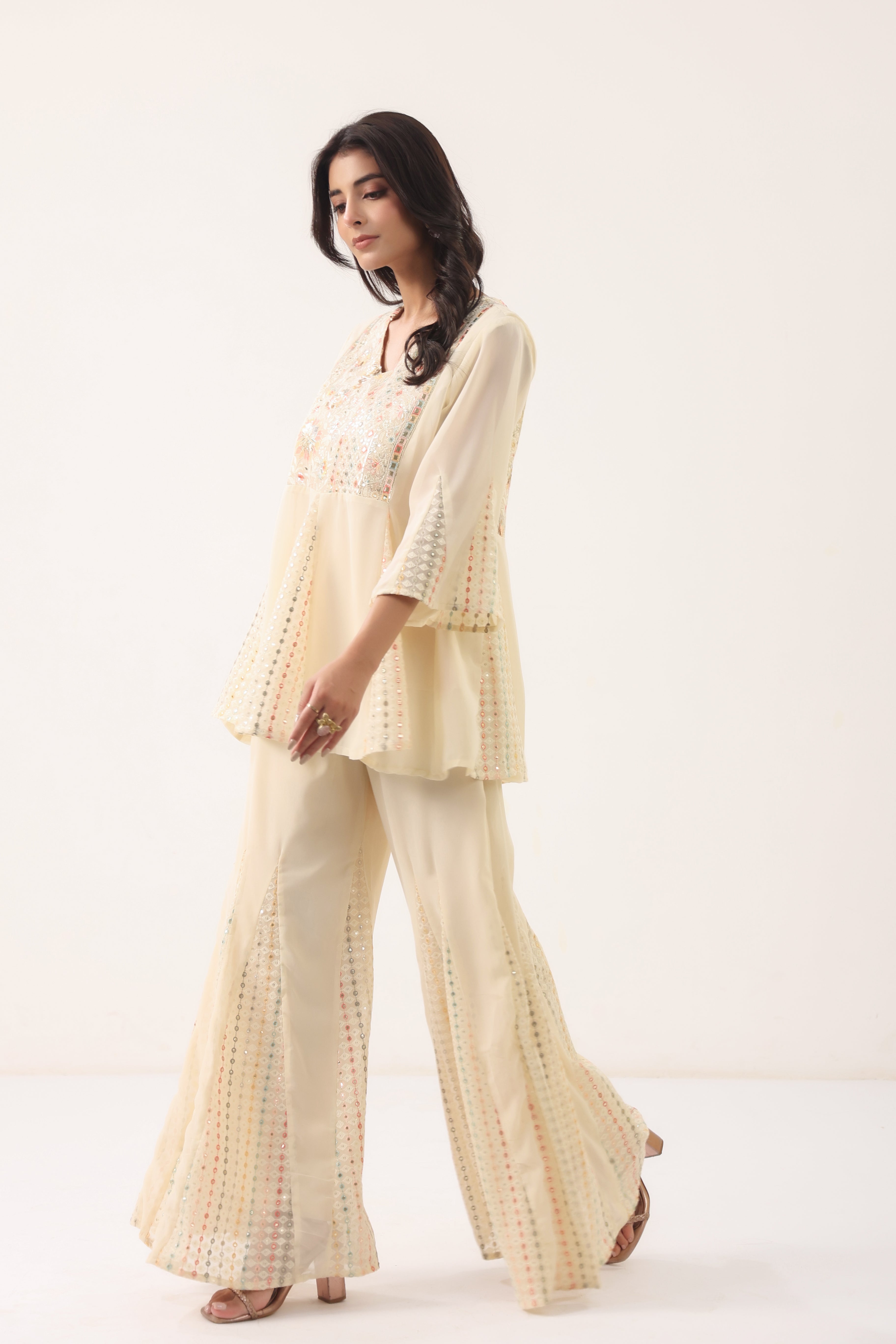 Women Cream Floral Printed Flared Kurta Palazzo Set