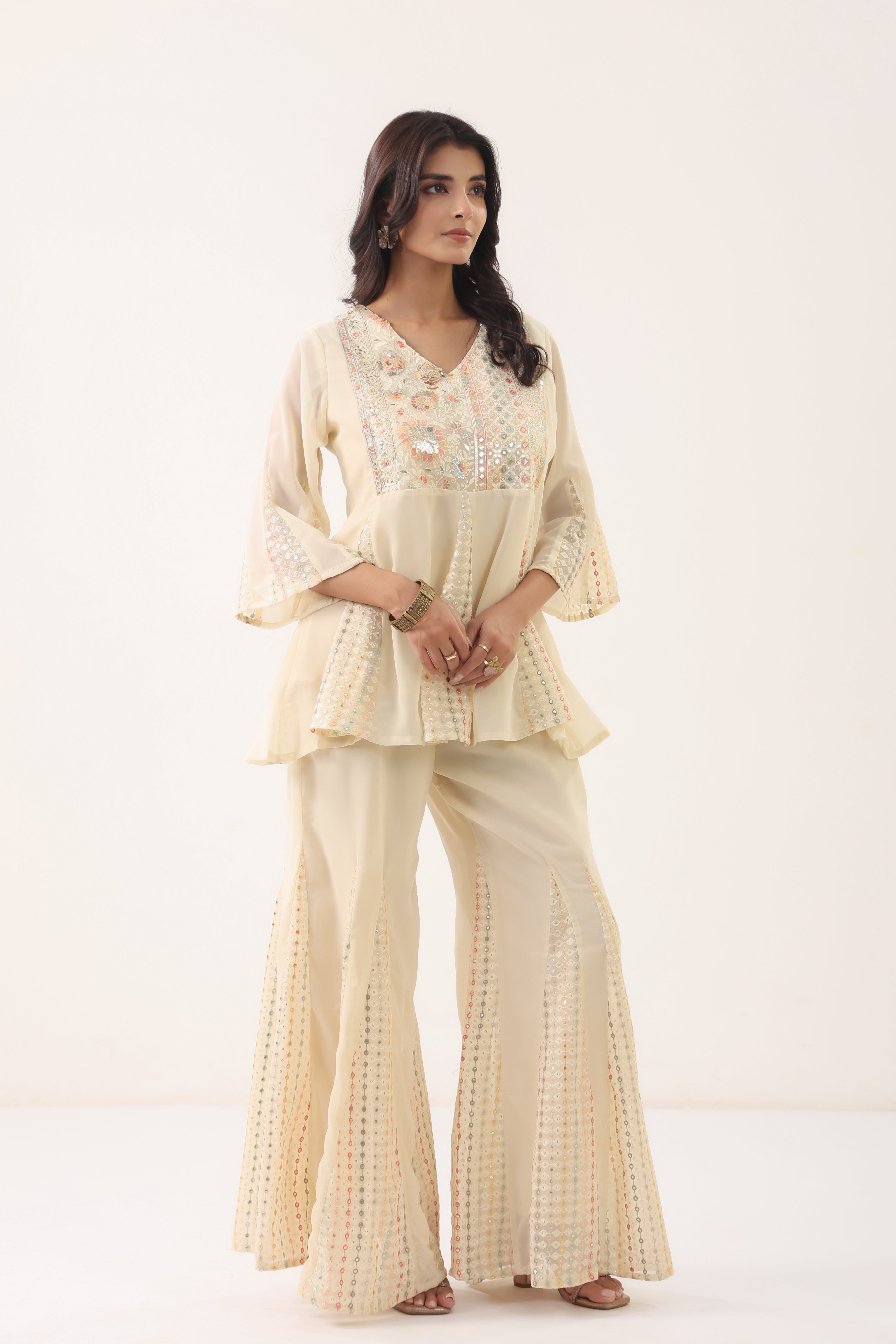 Women Cream Floral Printed Flared Kurta Palazzo Set