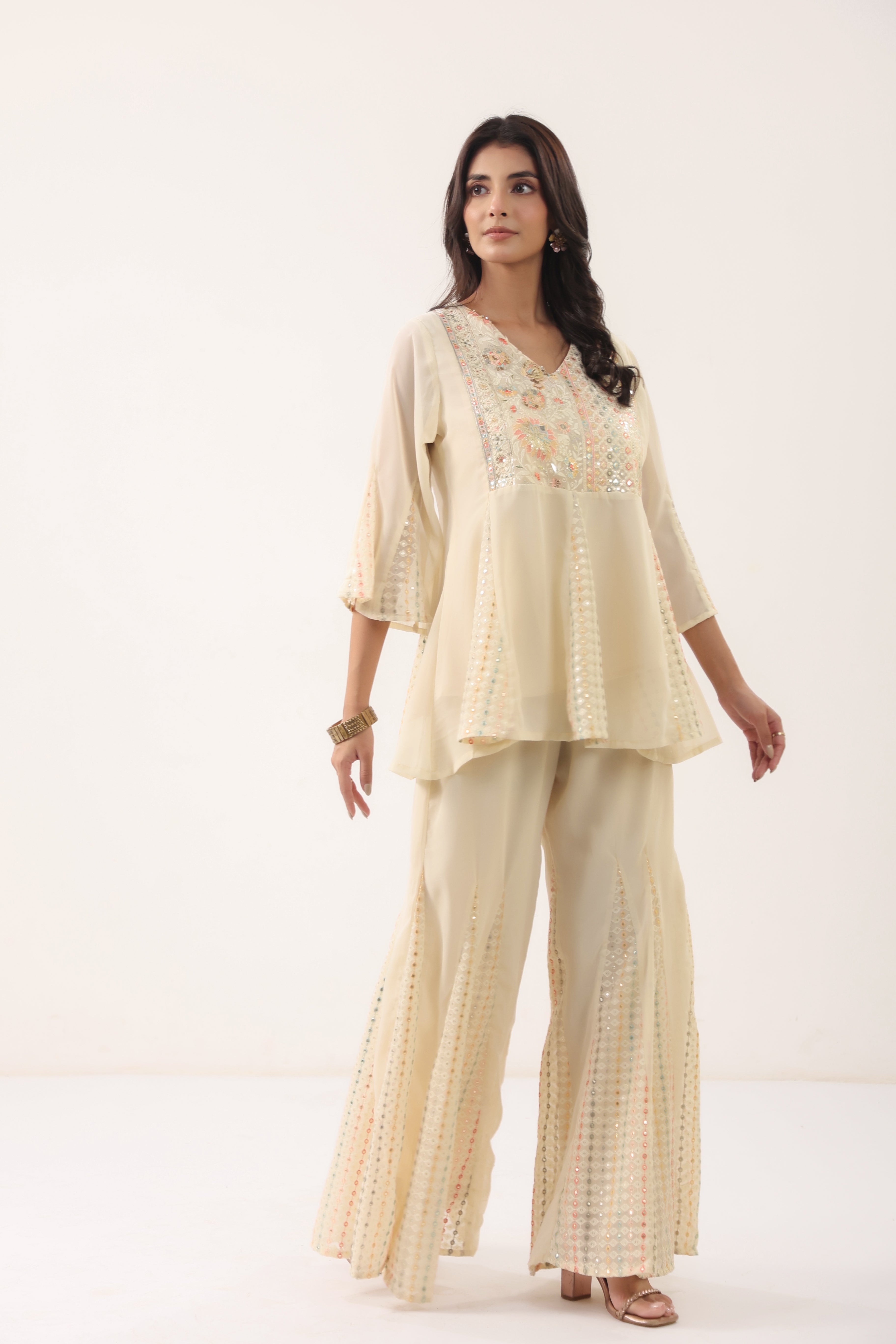 Women Cream Floral Printed Flared Kurta Palazzo Set