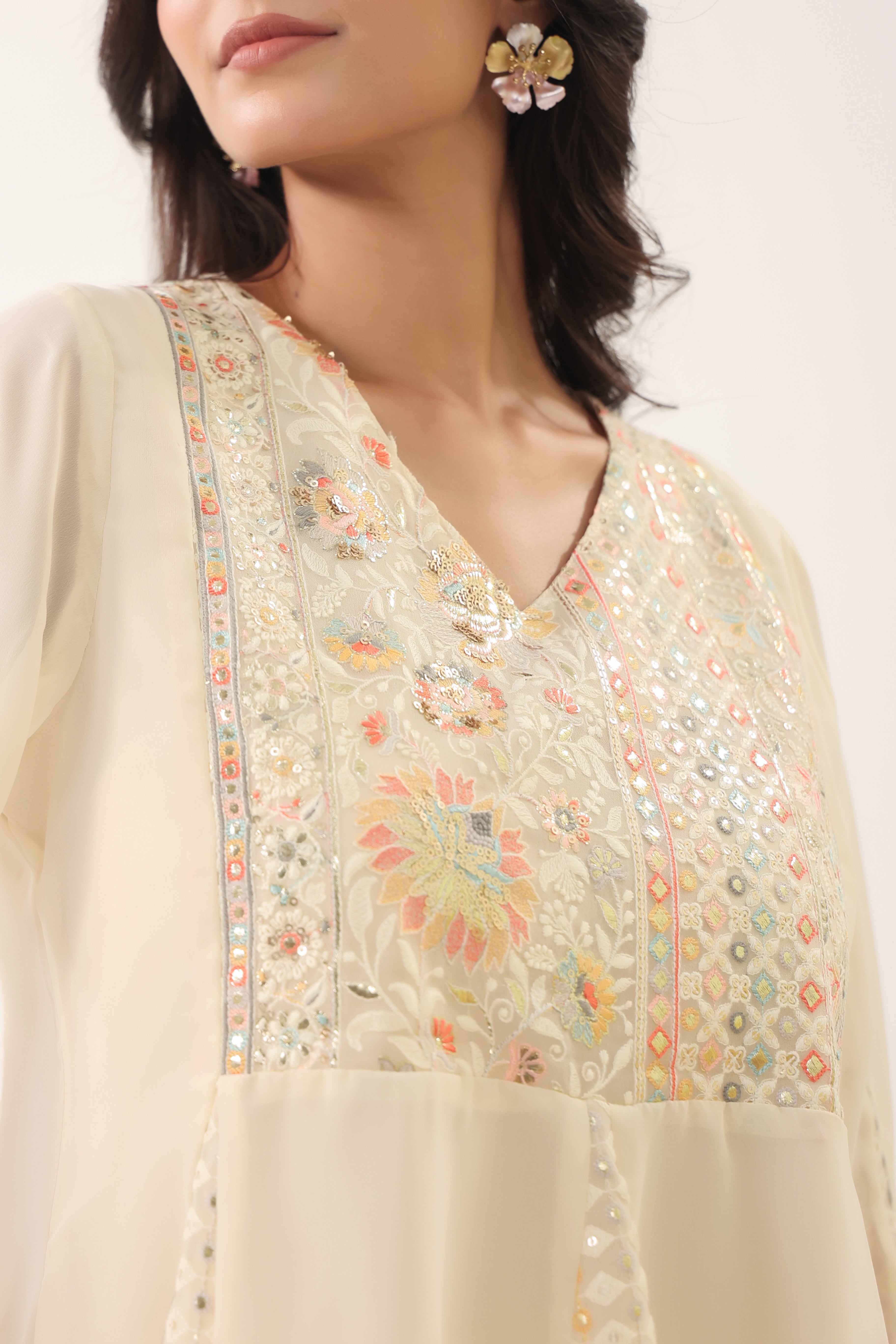 Women Cream Floral Printed Flared Kurta Palazzo Set
