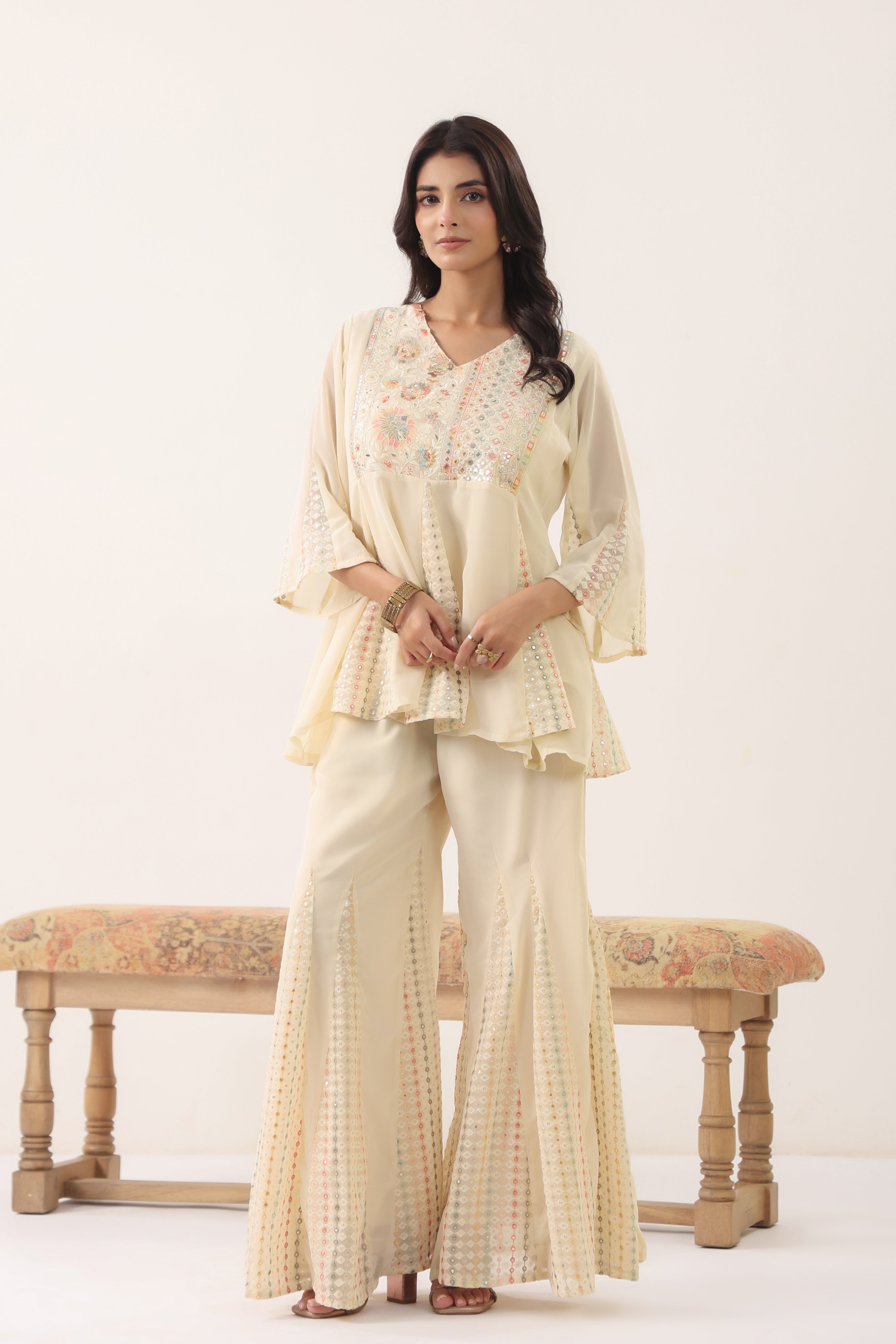 Women Cream Floral Printed Flared Kurta Palazzo Set