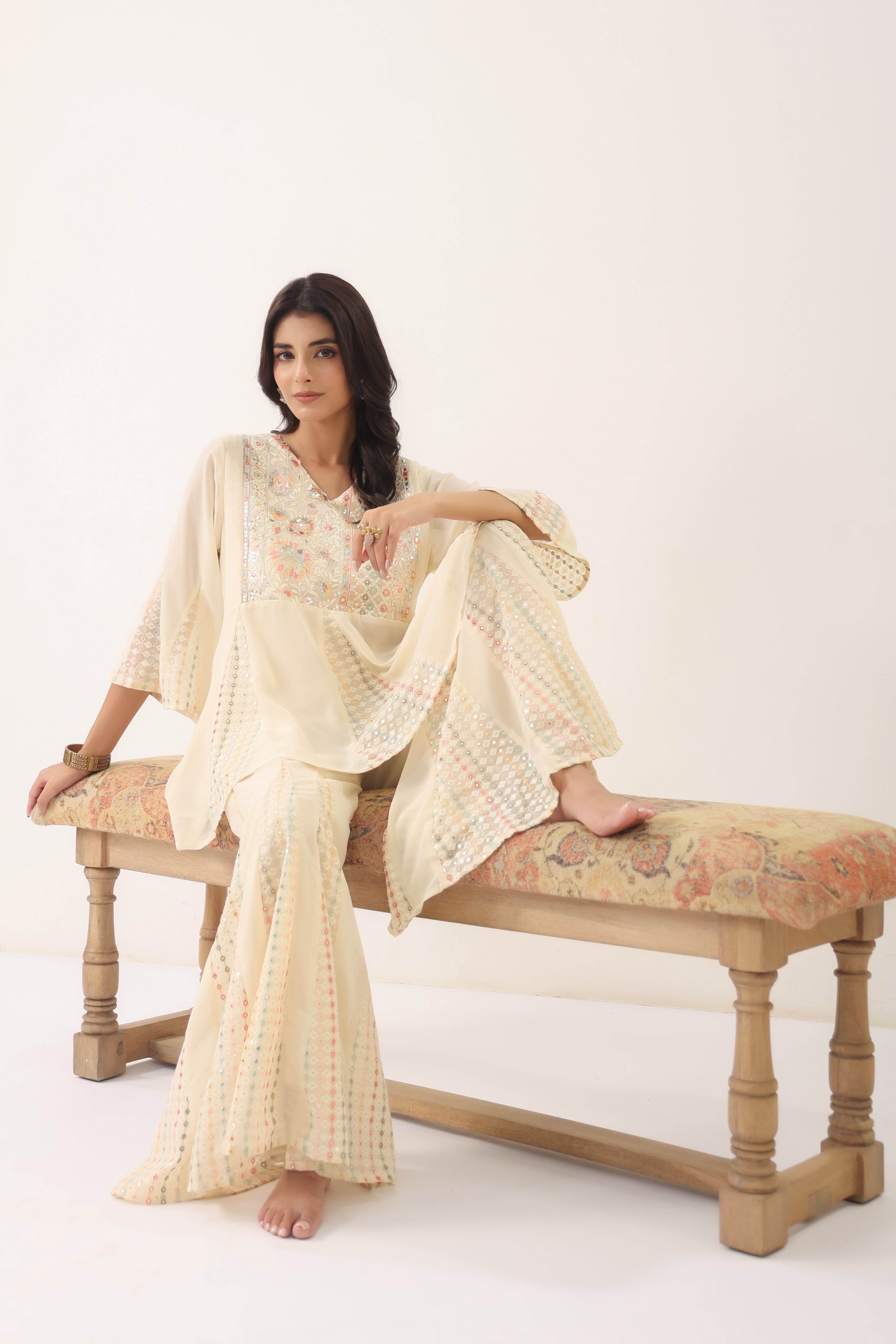Women Cream Floral Printed Flared Kurta Palazzo Set