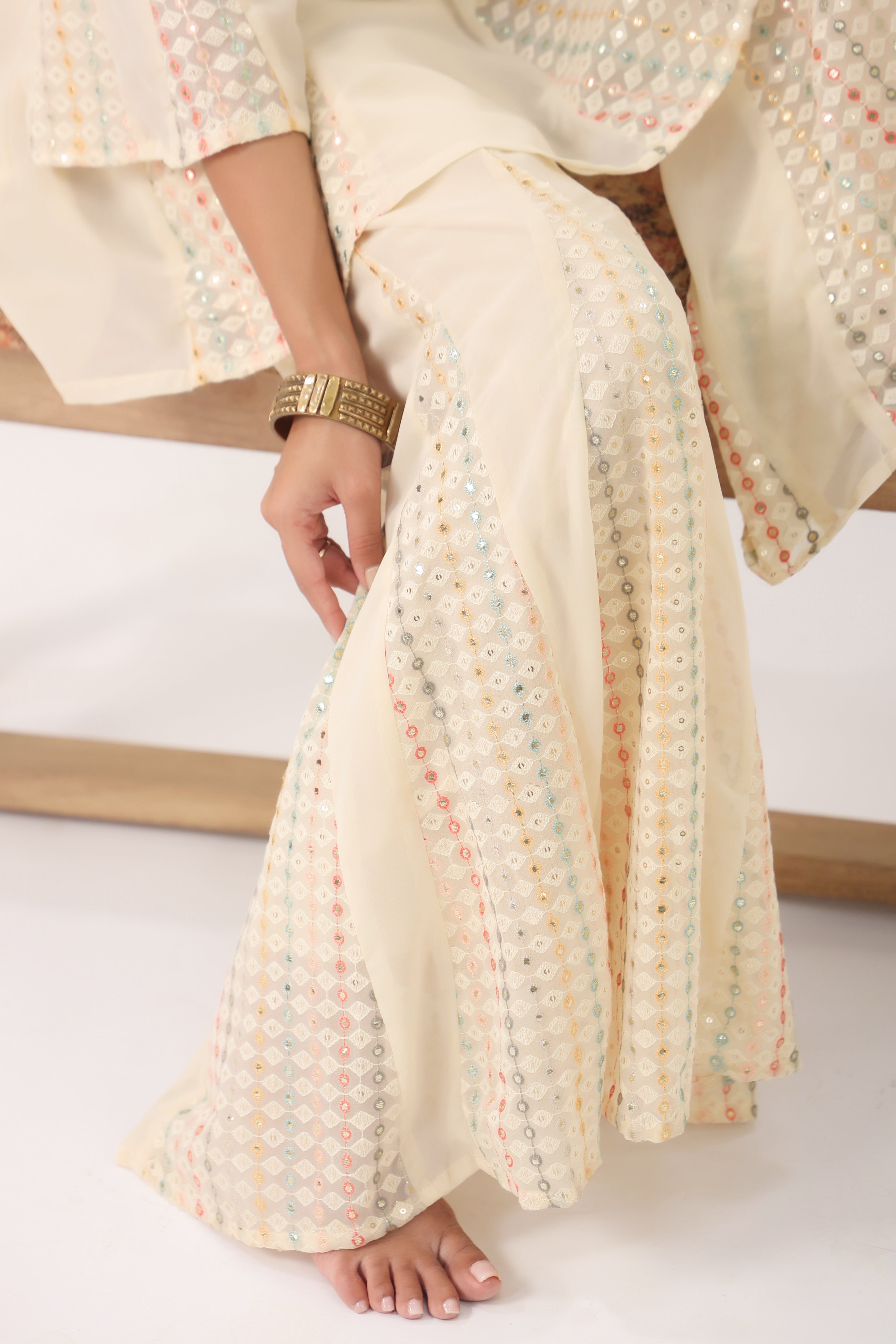Women Cream Floral Printed Flared Kurta Palazzo Set