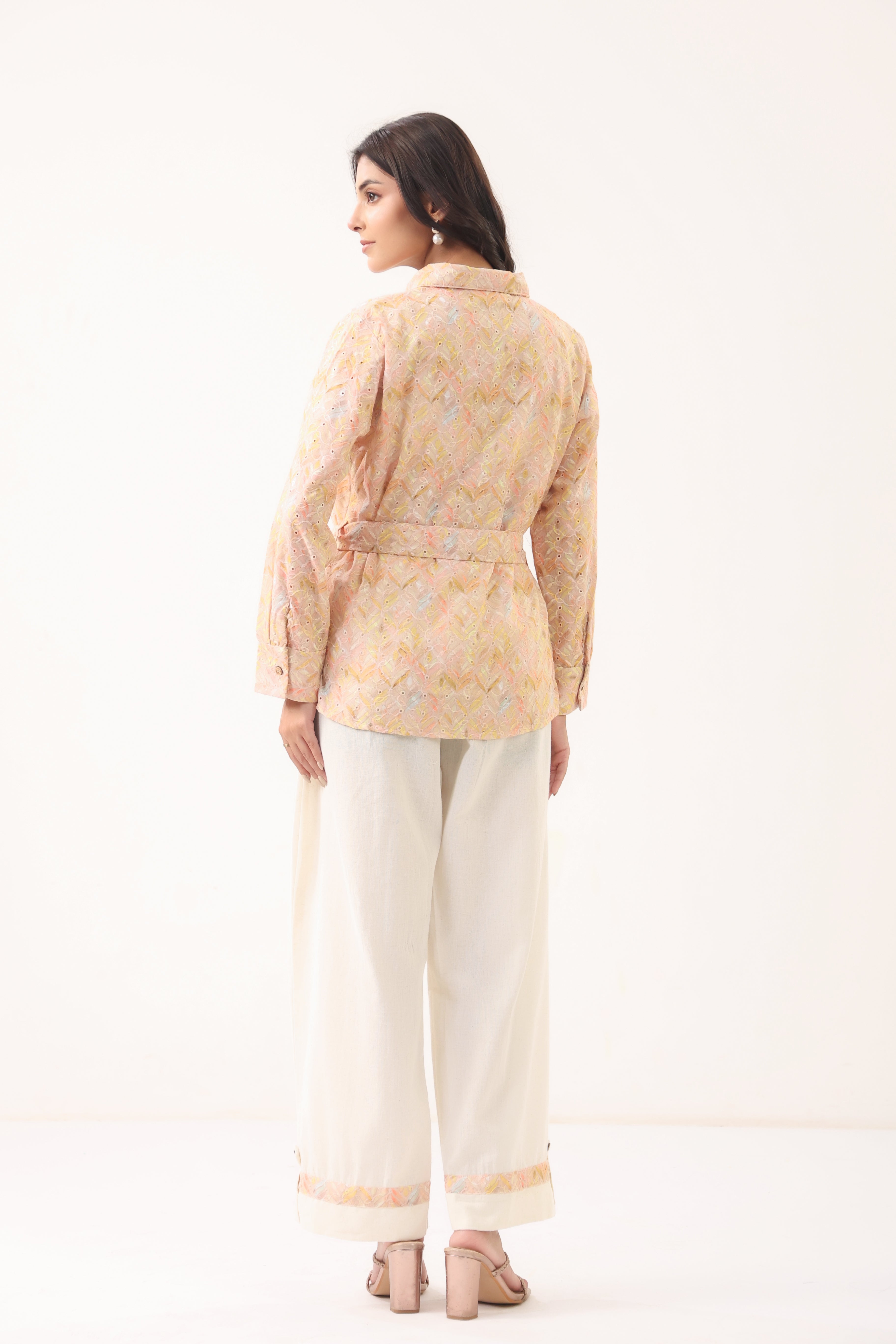 Women Peach Printed Shirt Style Top with Flared Pants Set