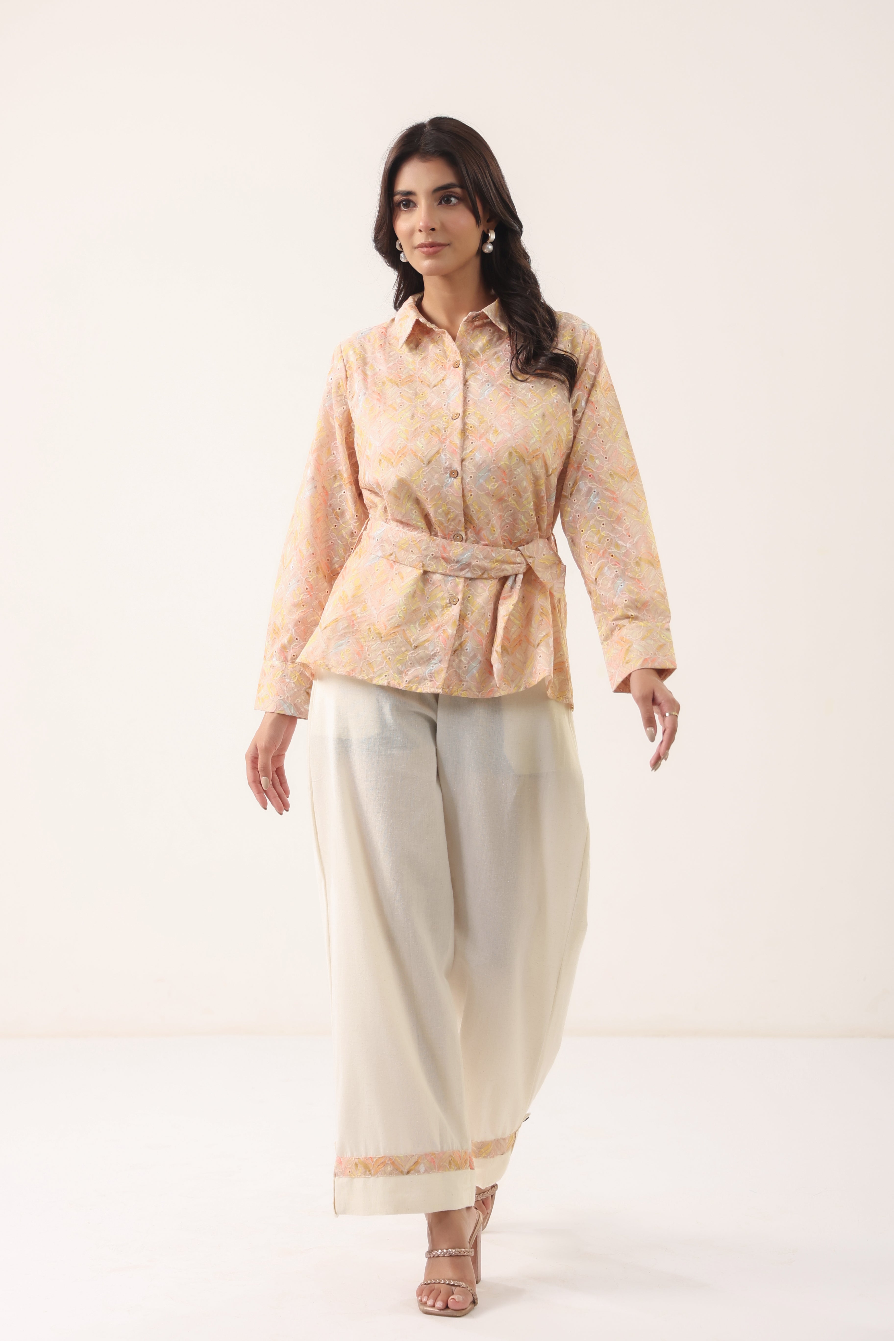 Women Peach Printed Shirt Style Top with Flared Pants Set