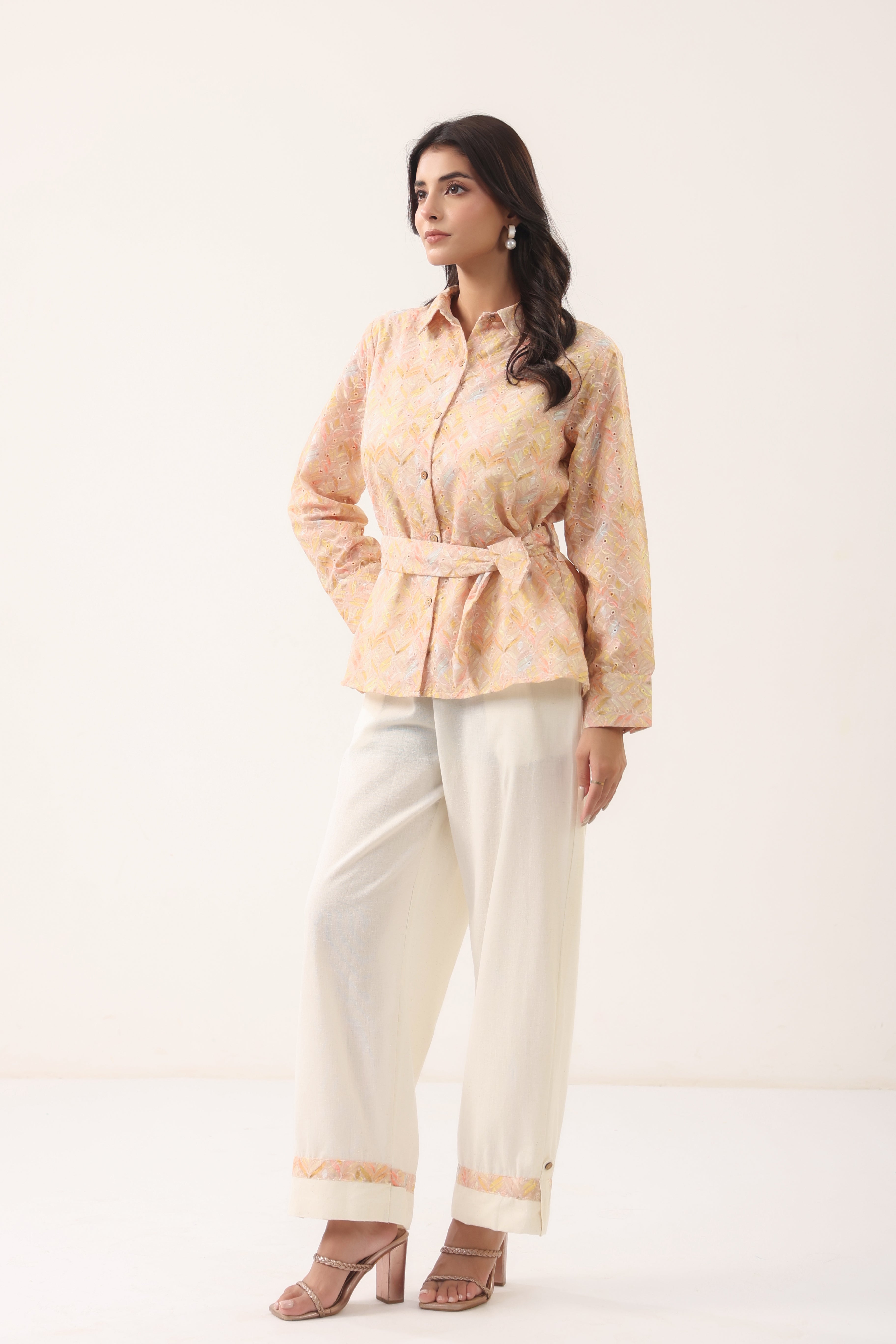 Women Peach Printed Shirt Style Top with Flared Pants Set