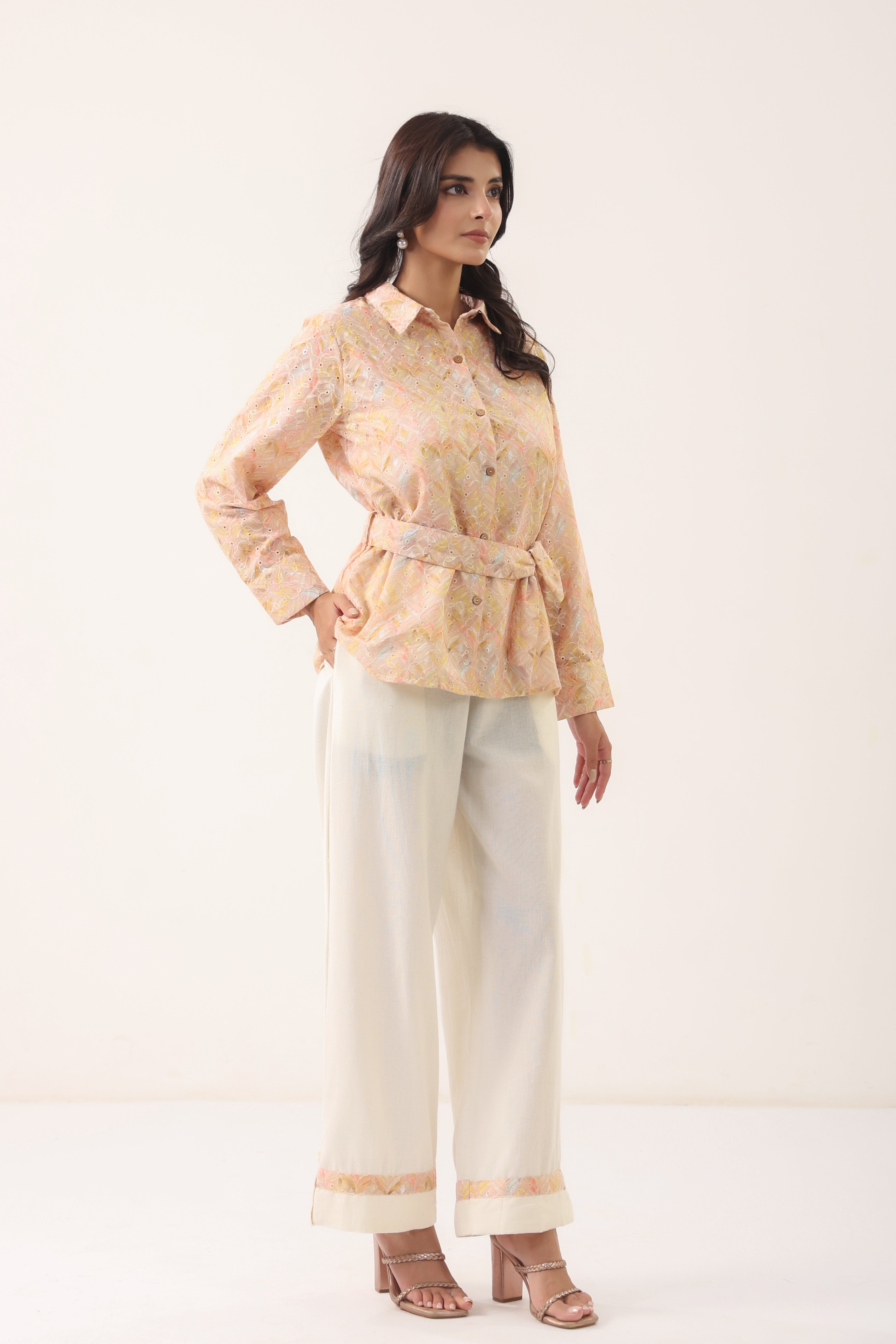 Women Peach Printed Shirt Style Top with Flared Pants Set
