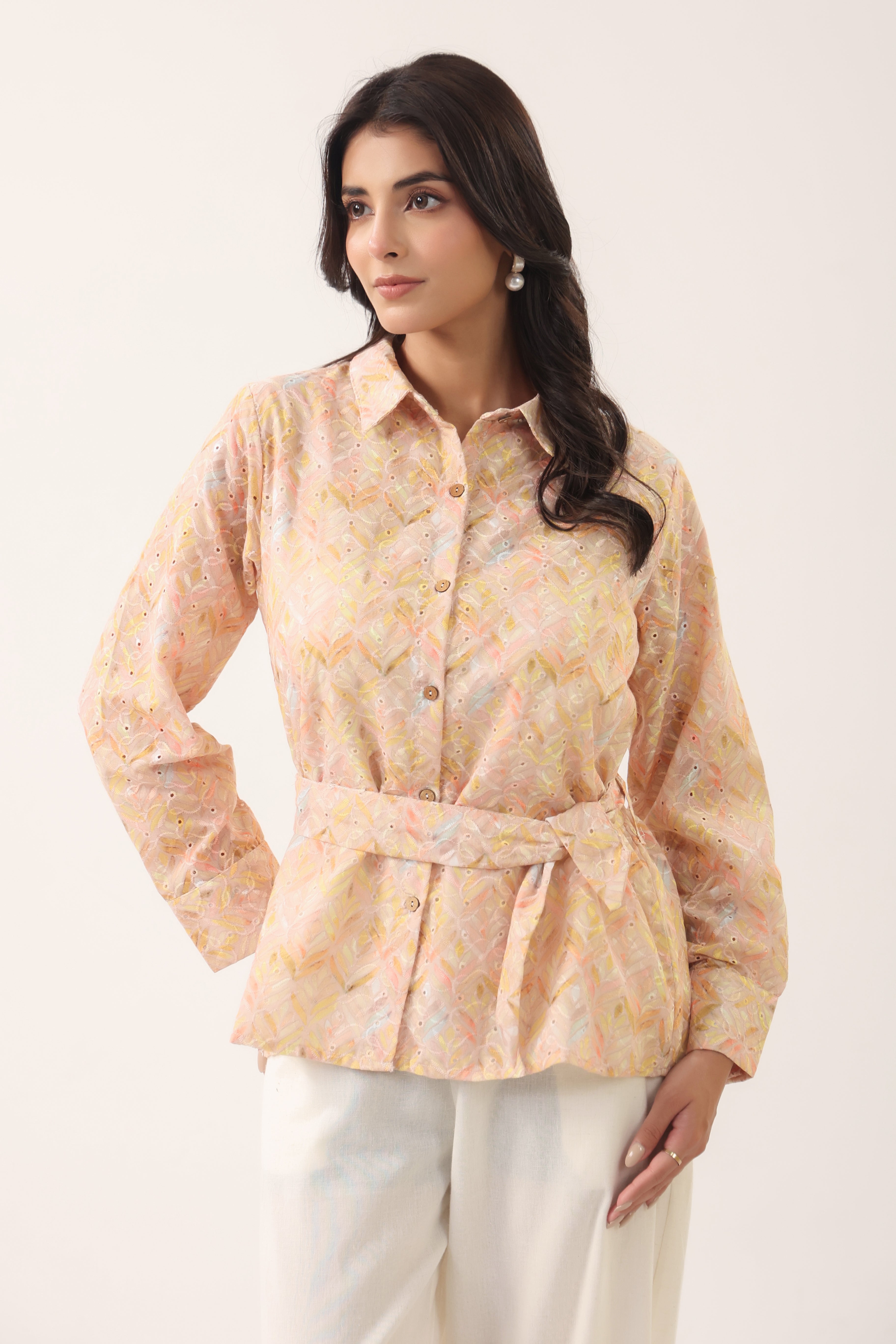 Women Peach Printed Shirt Style Top with Flared Pants Set