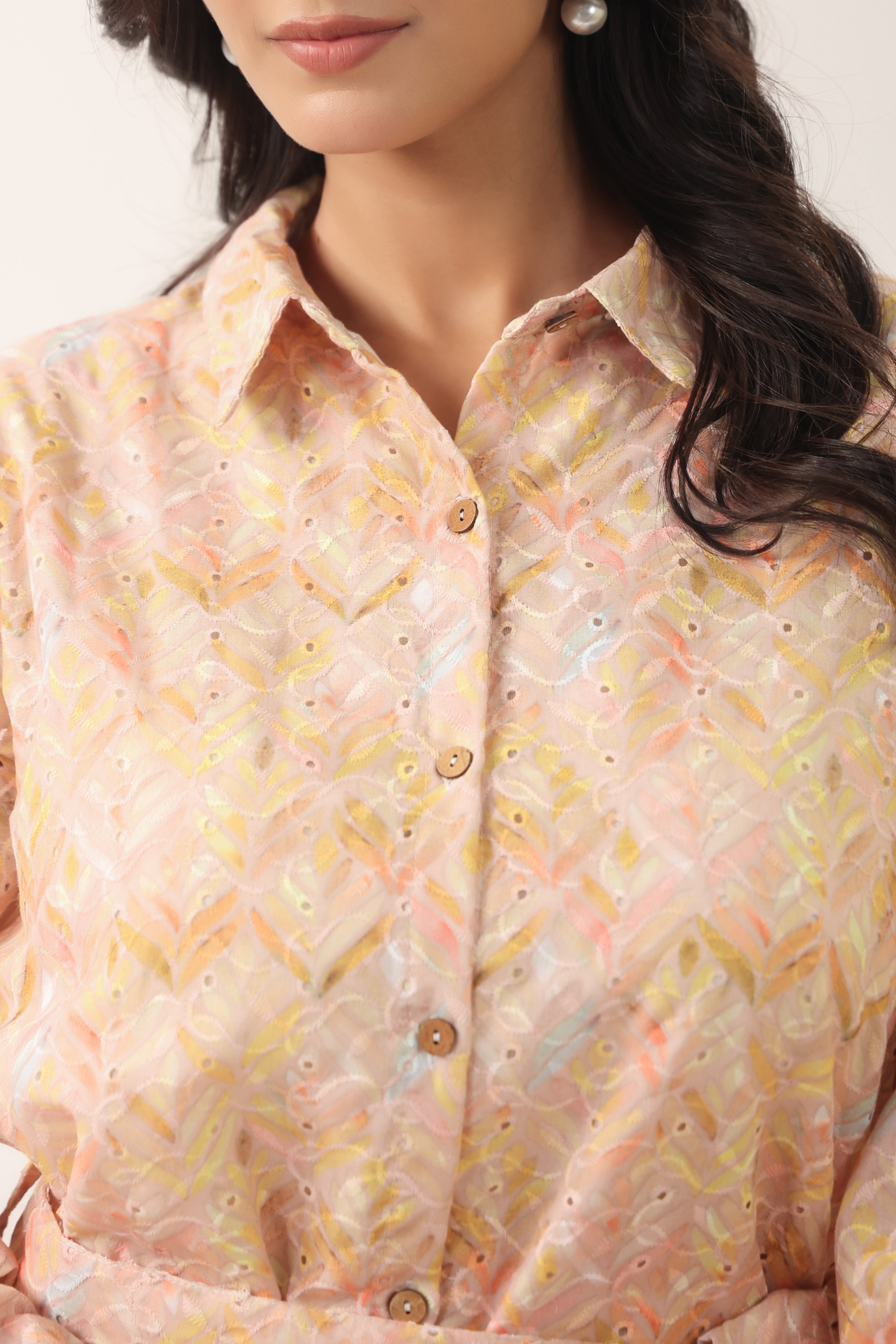 Women Peach Printed Shirt Style Top with Flared Pants Set