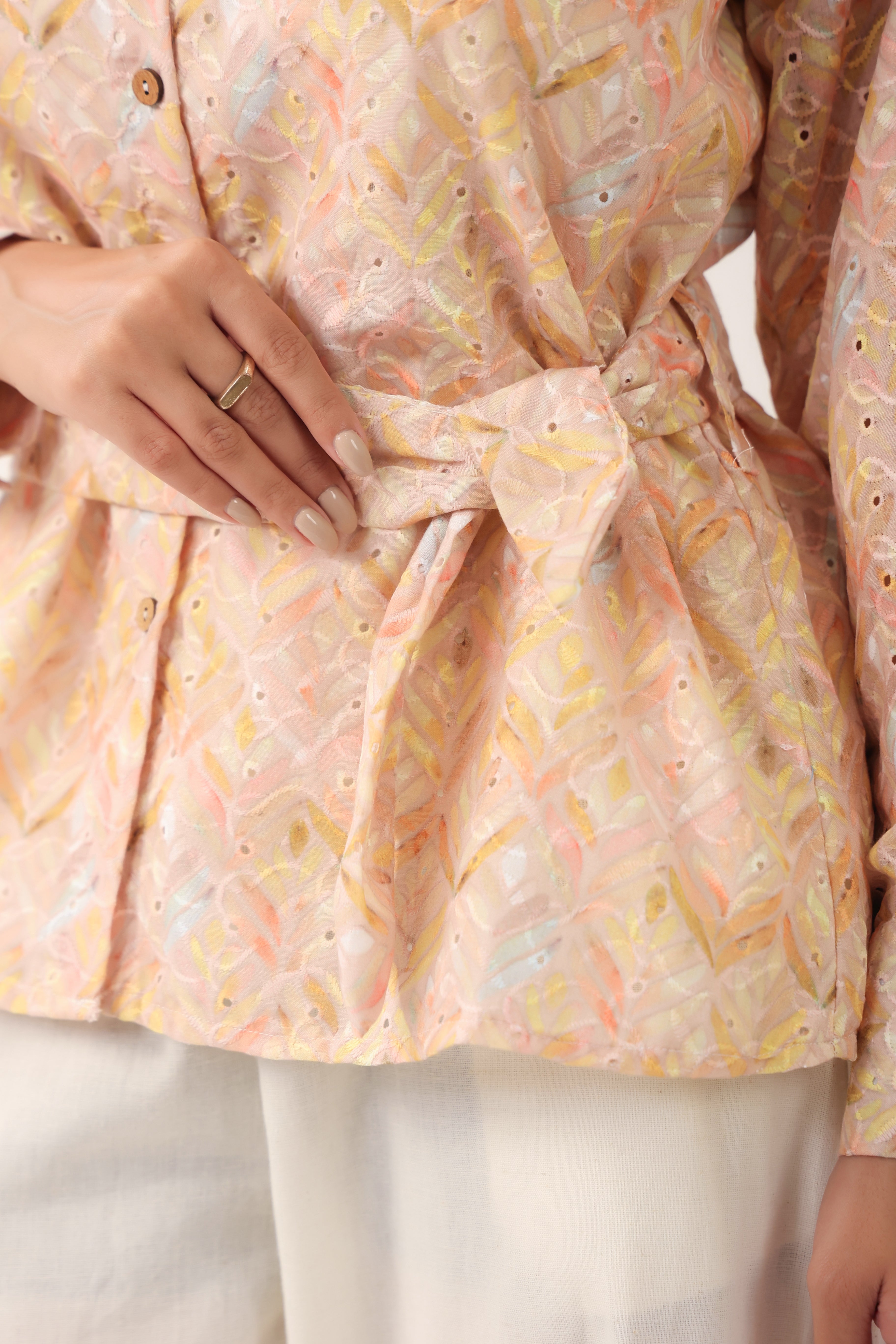Women Peach Printed Shirt Style Top with Flared Pants Set