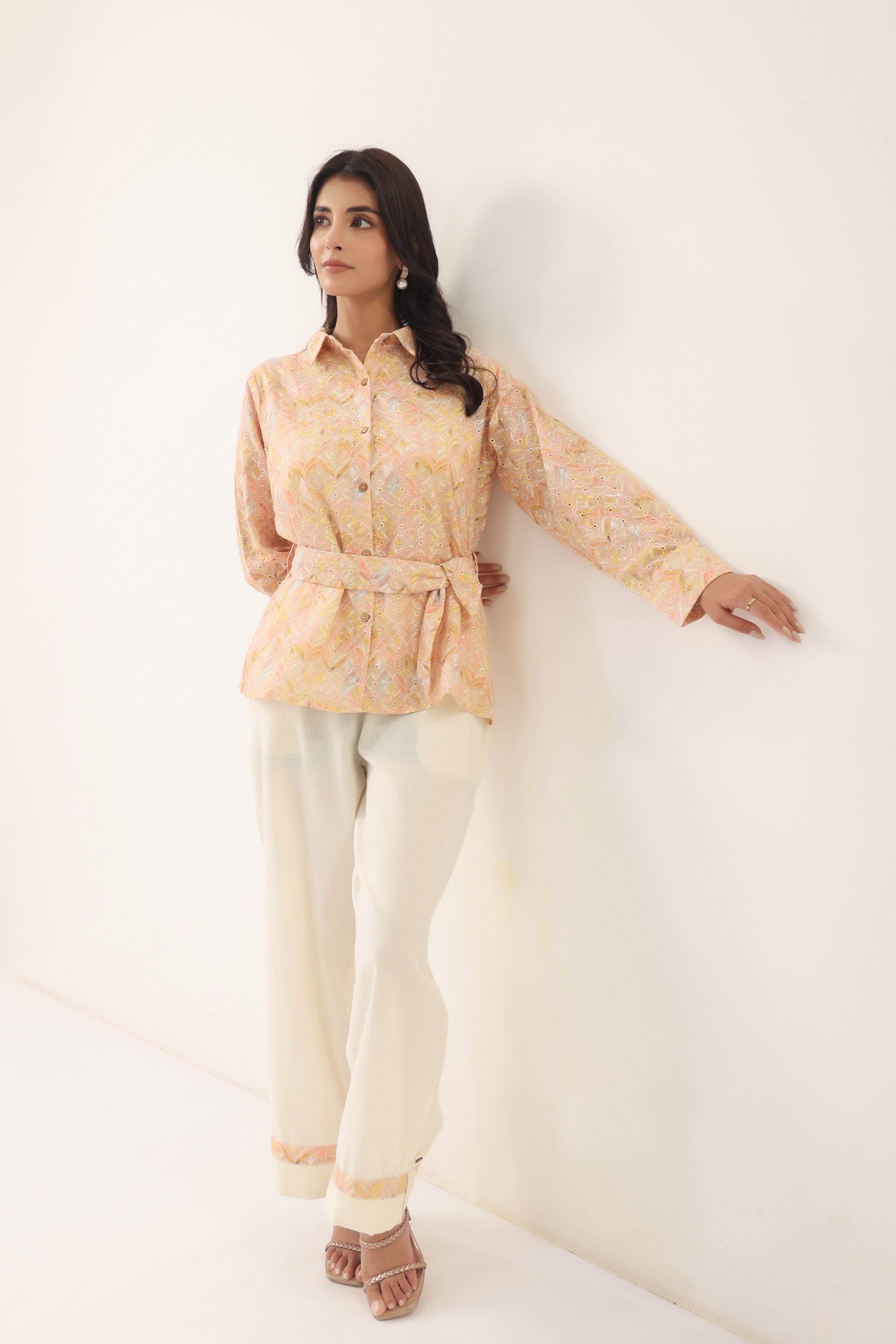 Women Peach Printed Shirt Style Top with Flared Pants Set