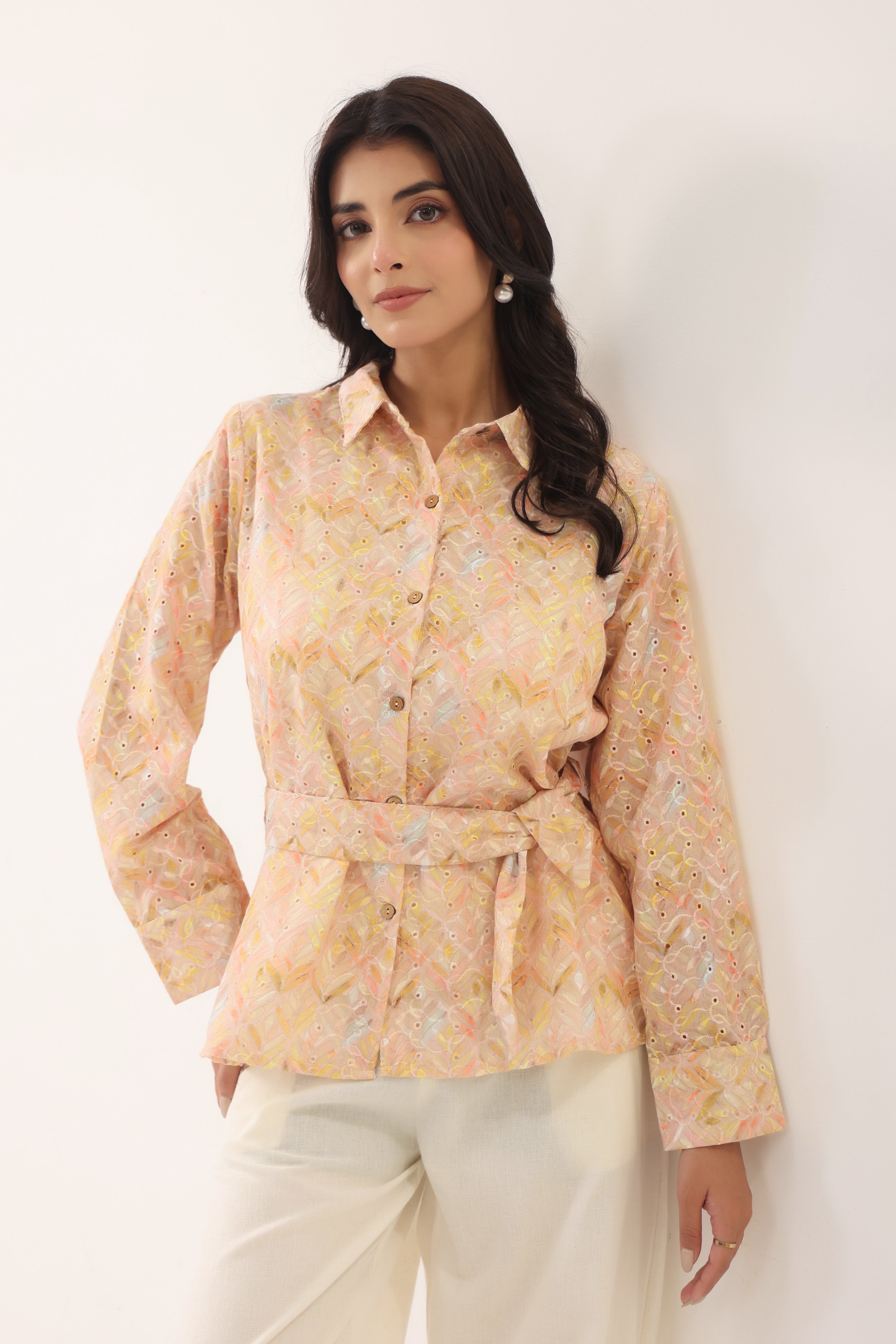 Women Peach Printed Shirt Style Top with Flared Pants Set