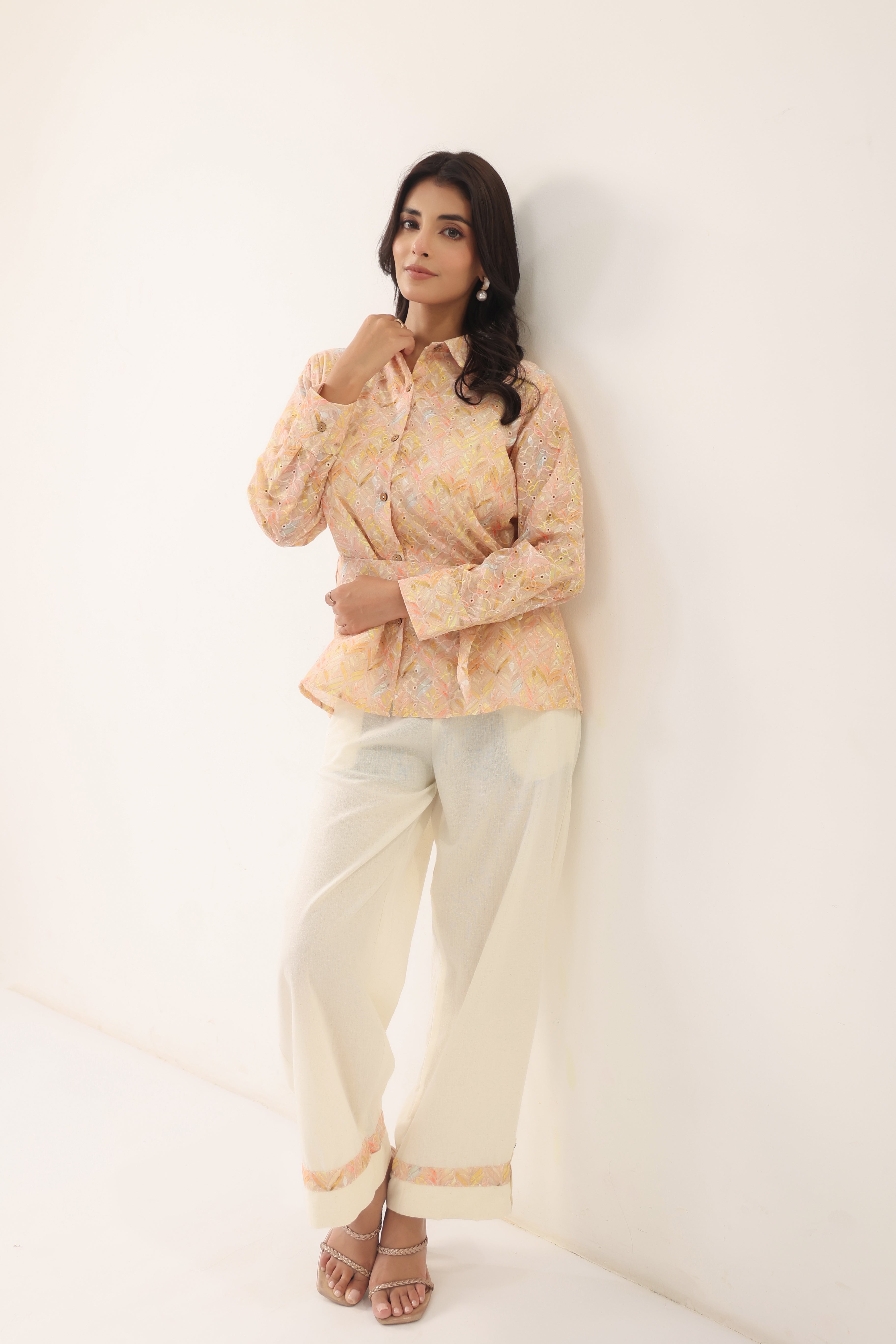 Women Peach Printed Shirt Style Top with Flared Pants Set