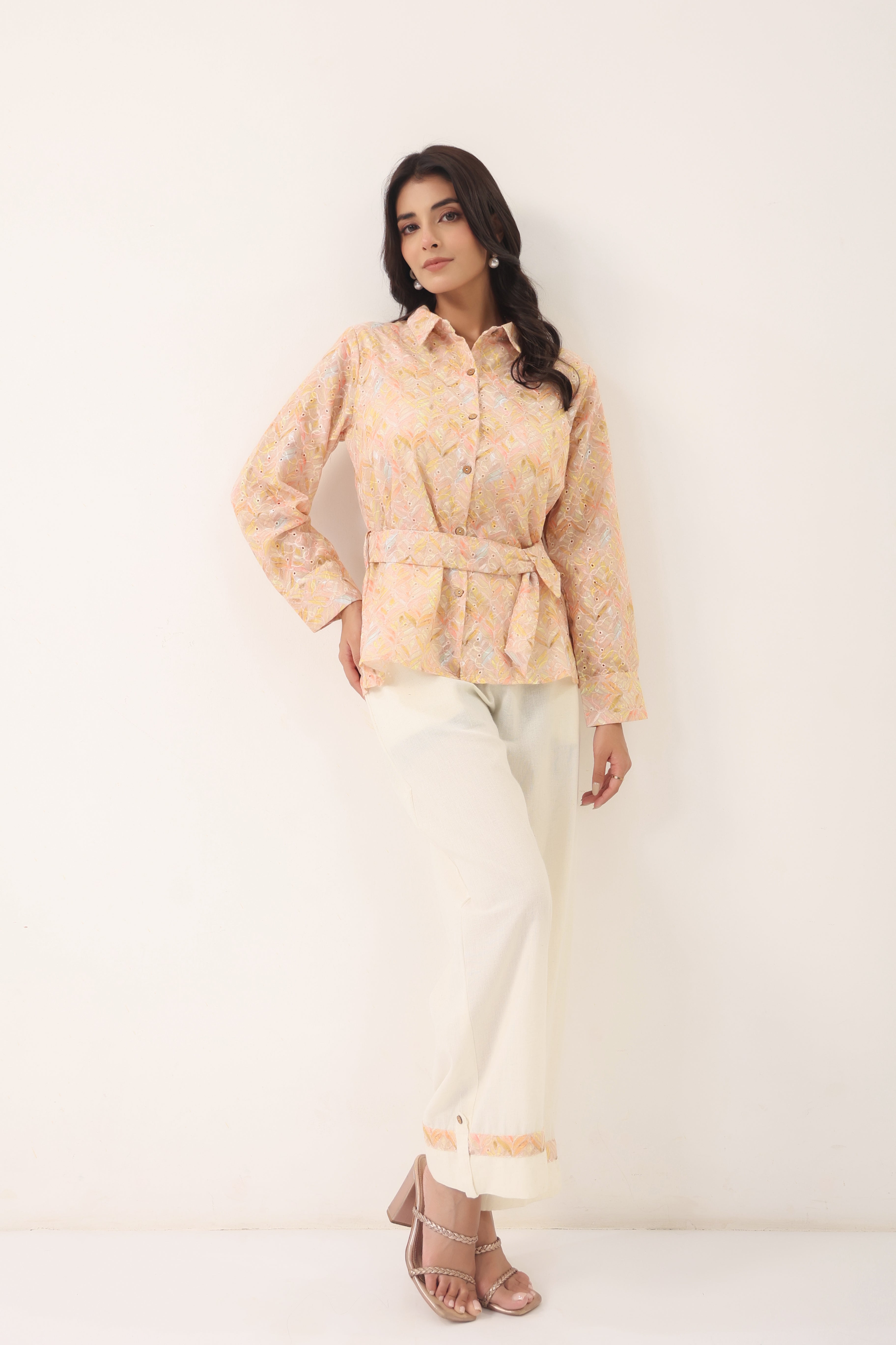 Women Peach Printed Shirt Style Top with Flared Pants Set