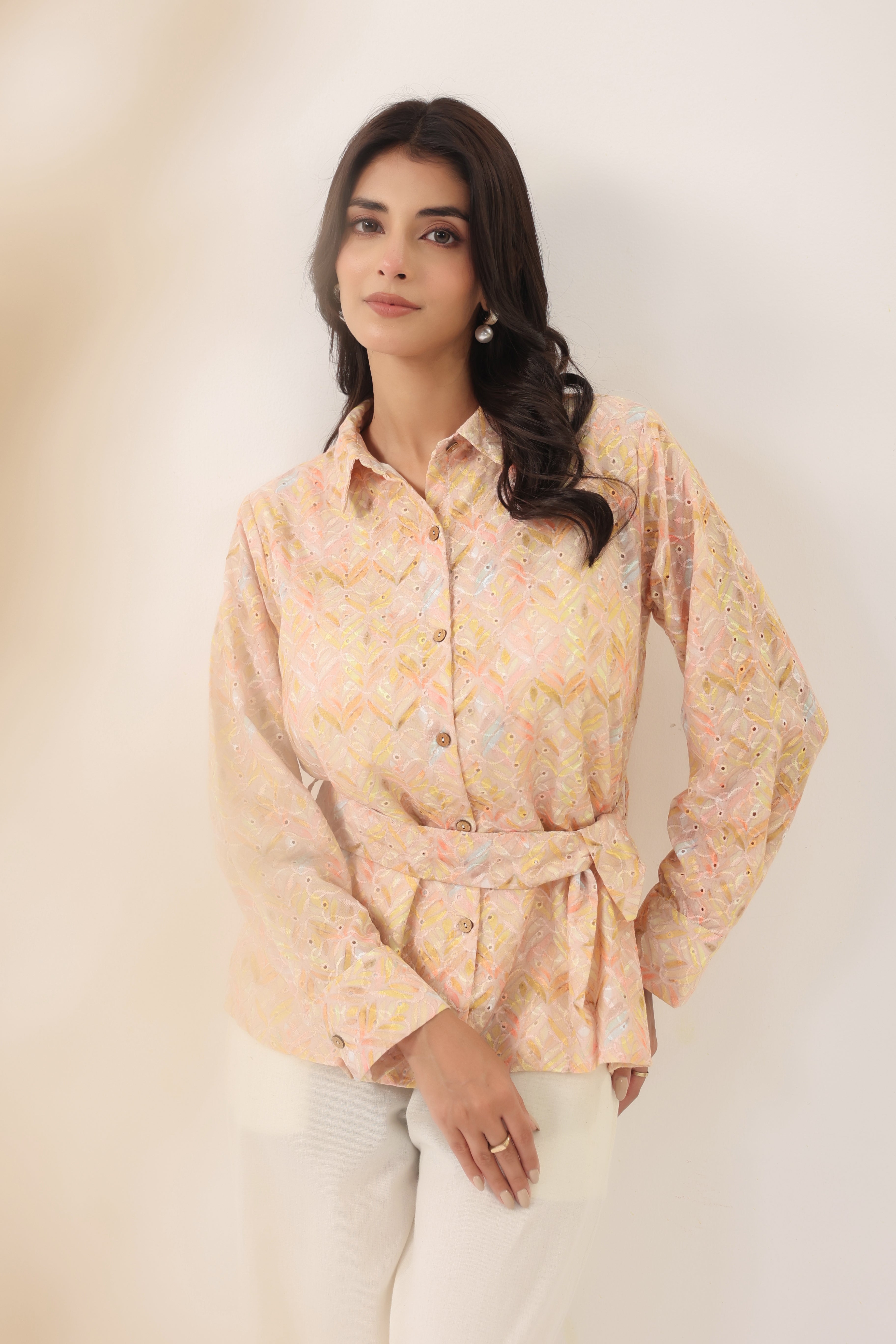 Women Peach Printed Shirt Style Top with Flared Pants Set